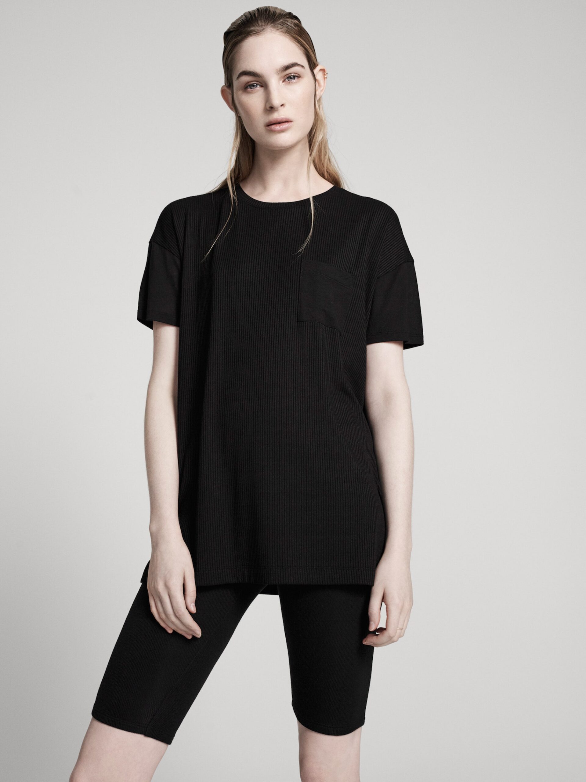 black relaxed t-shirt and fitted shorts