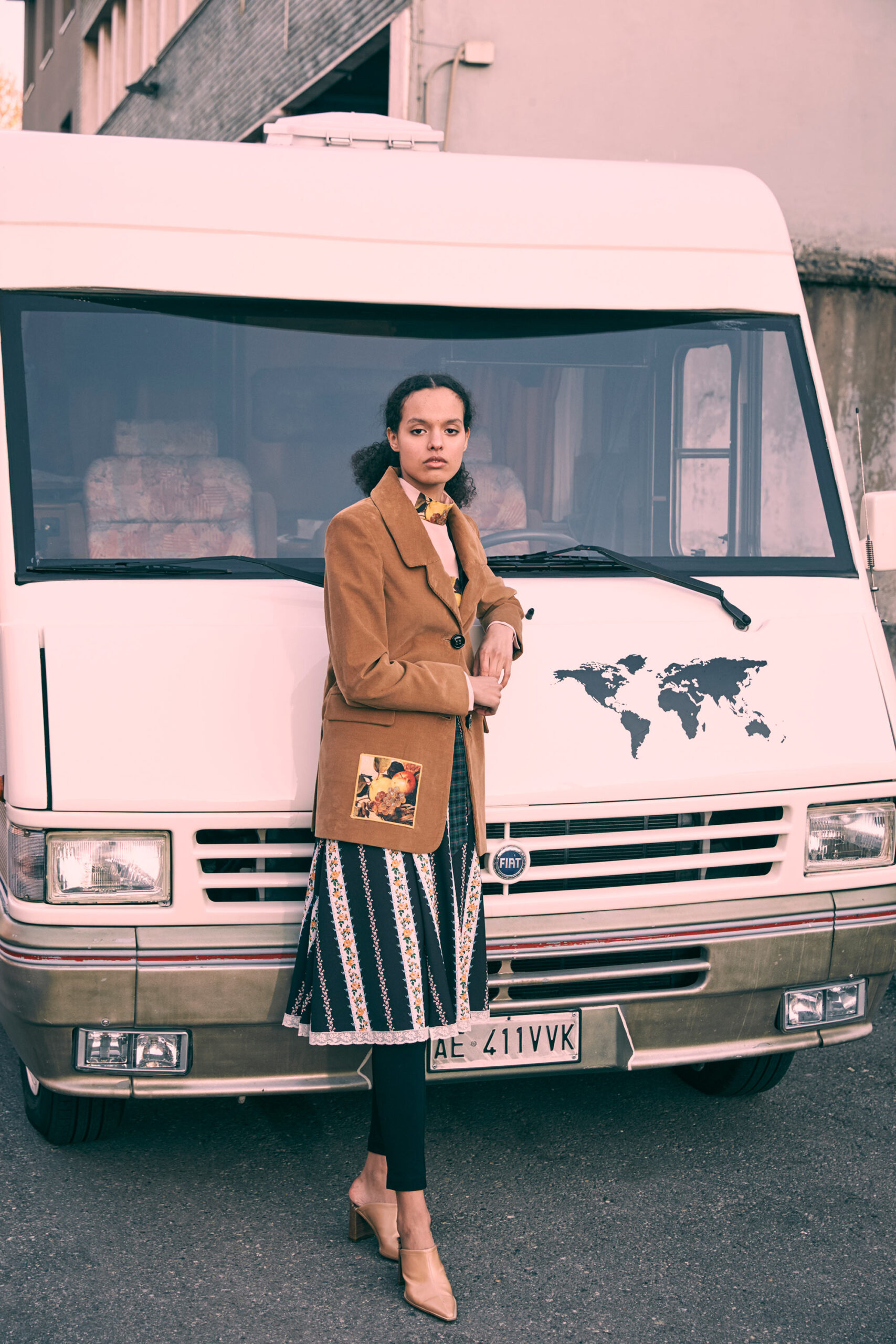 brown wool coat with pleated skirt