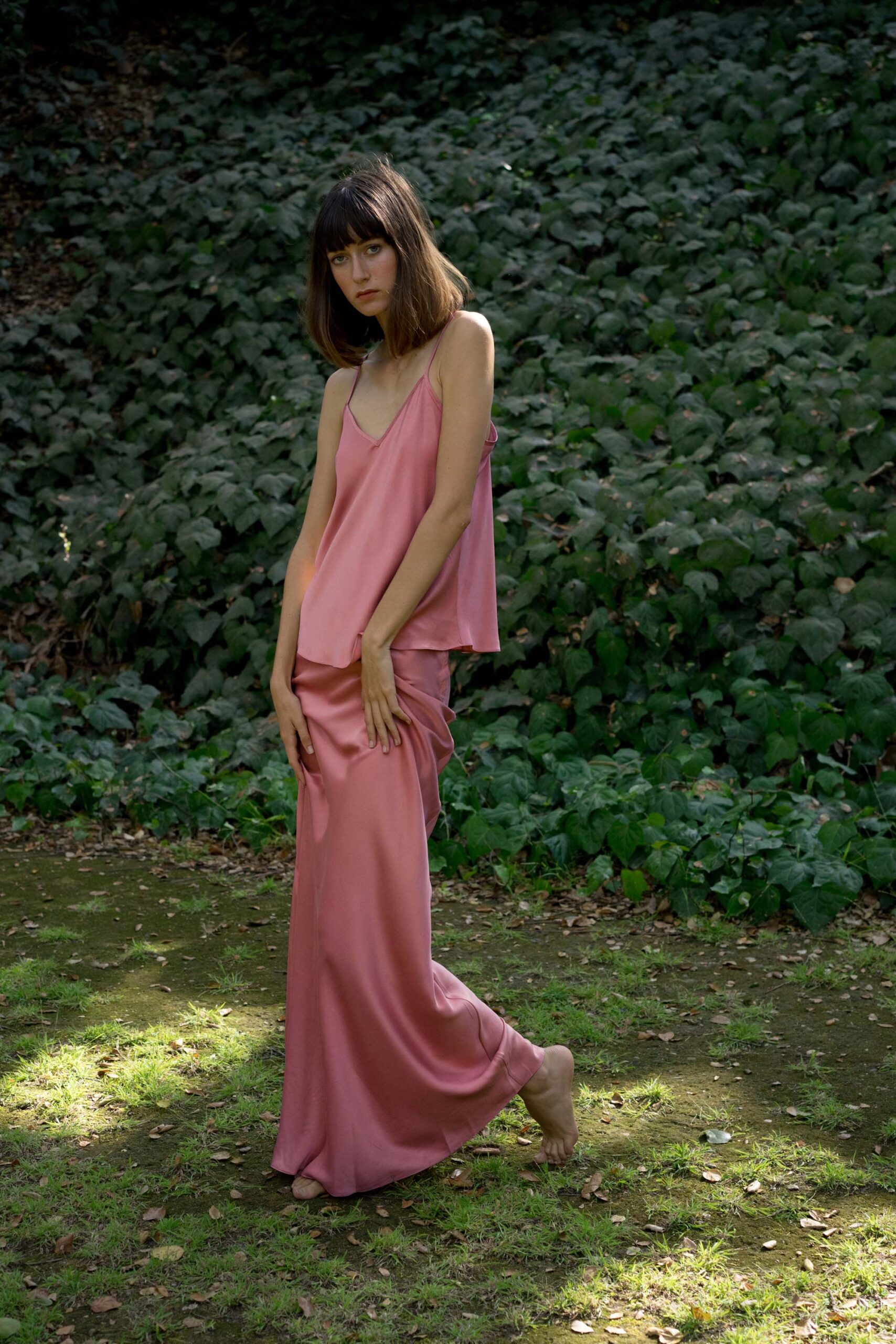 pink silk sleeveless dress