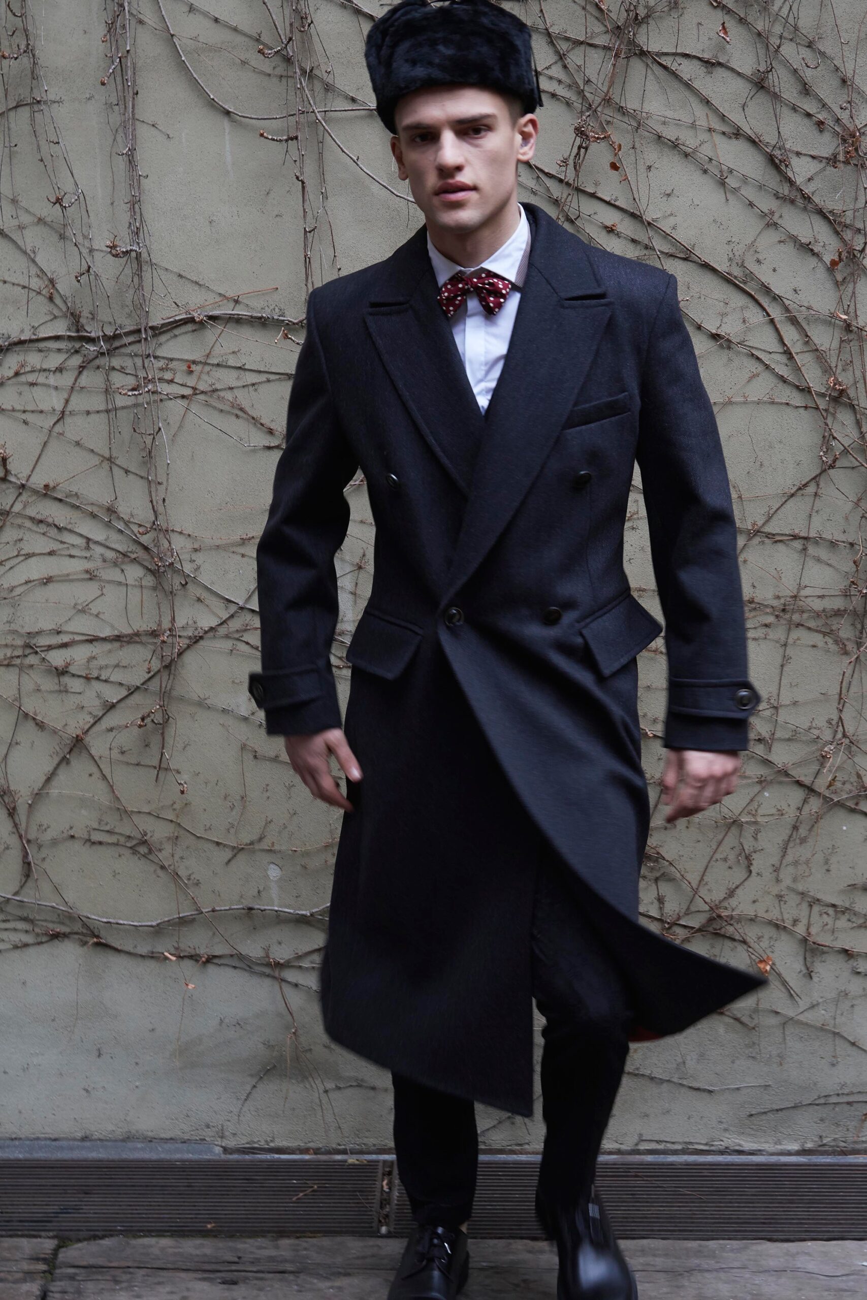 black wool tailored coat