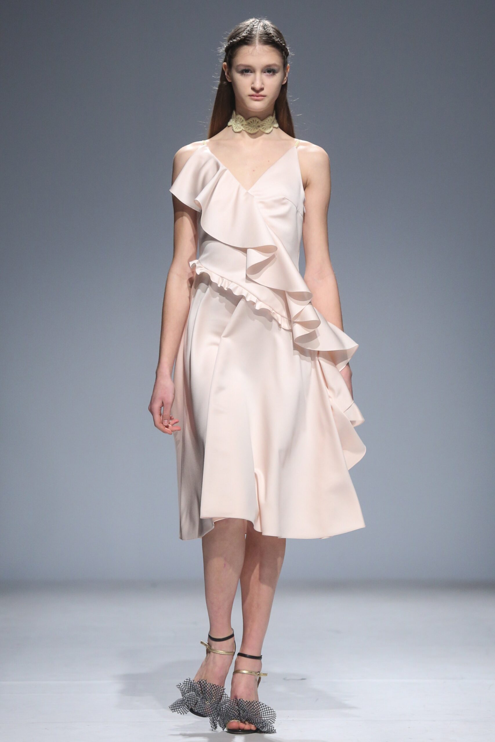 pink silk ruffled midi dress