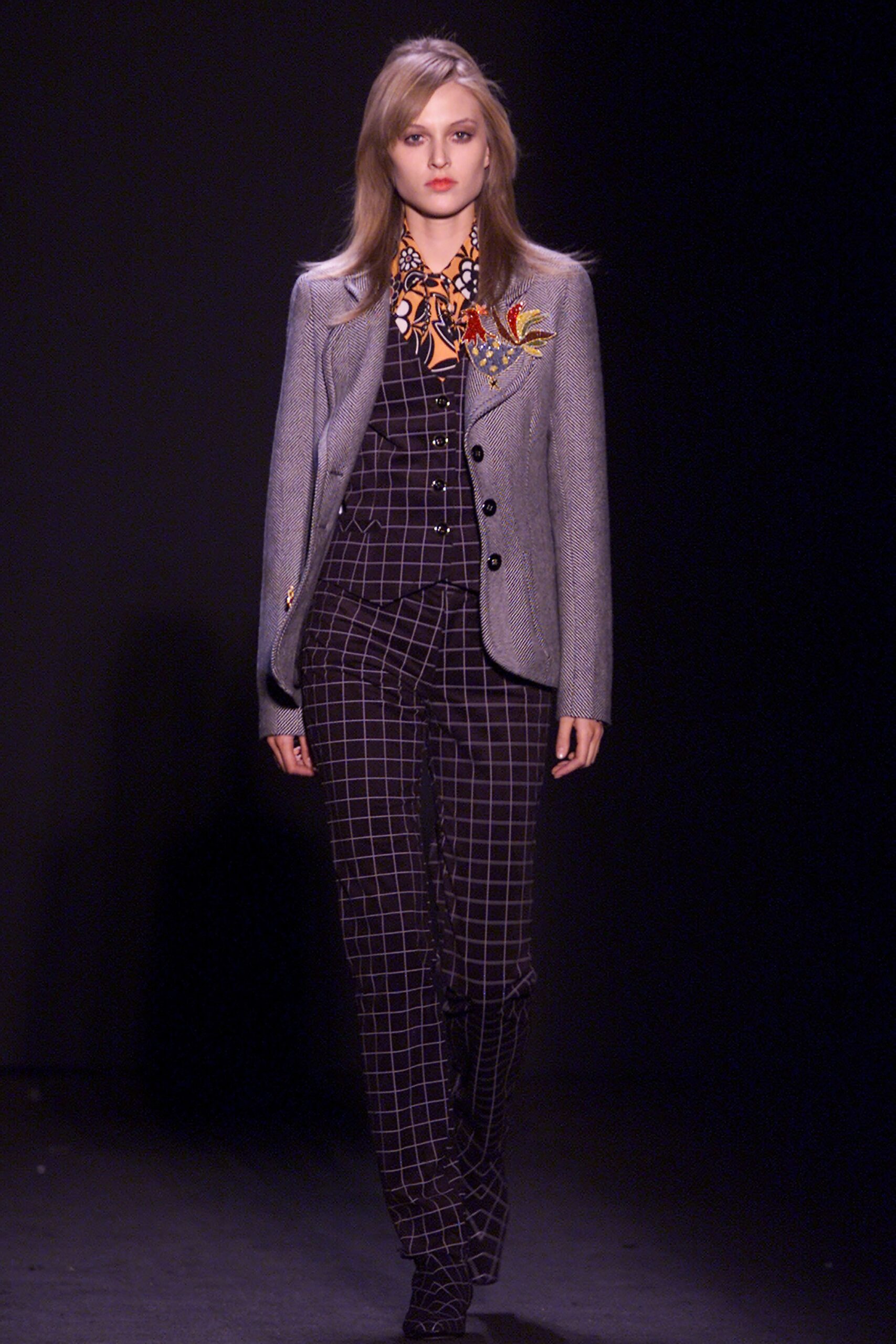 gray tailored blazer with checked pants
