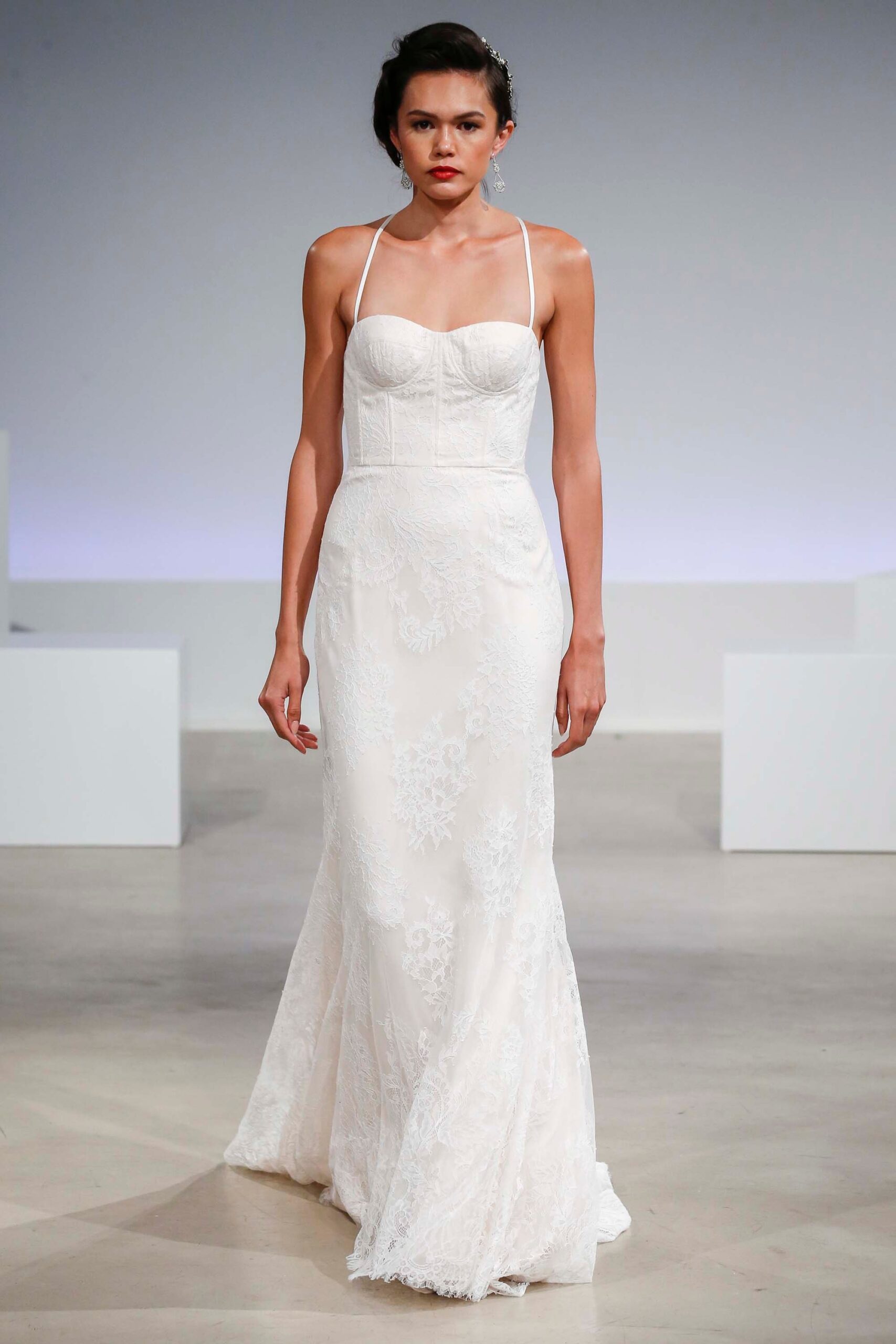 white lace strapless gown