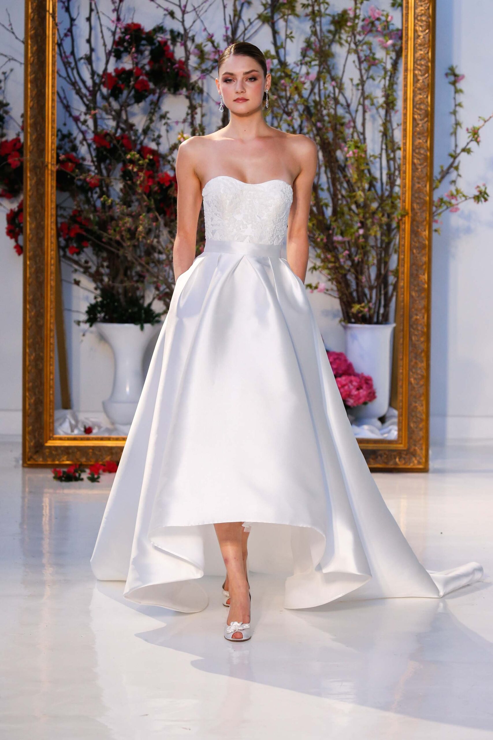 white silk strapless gown