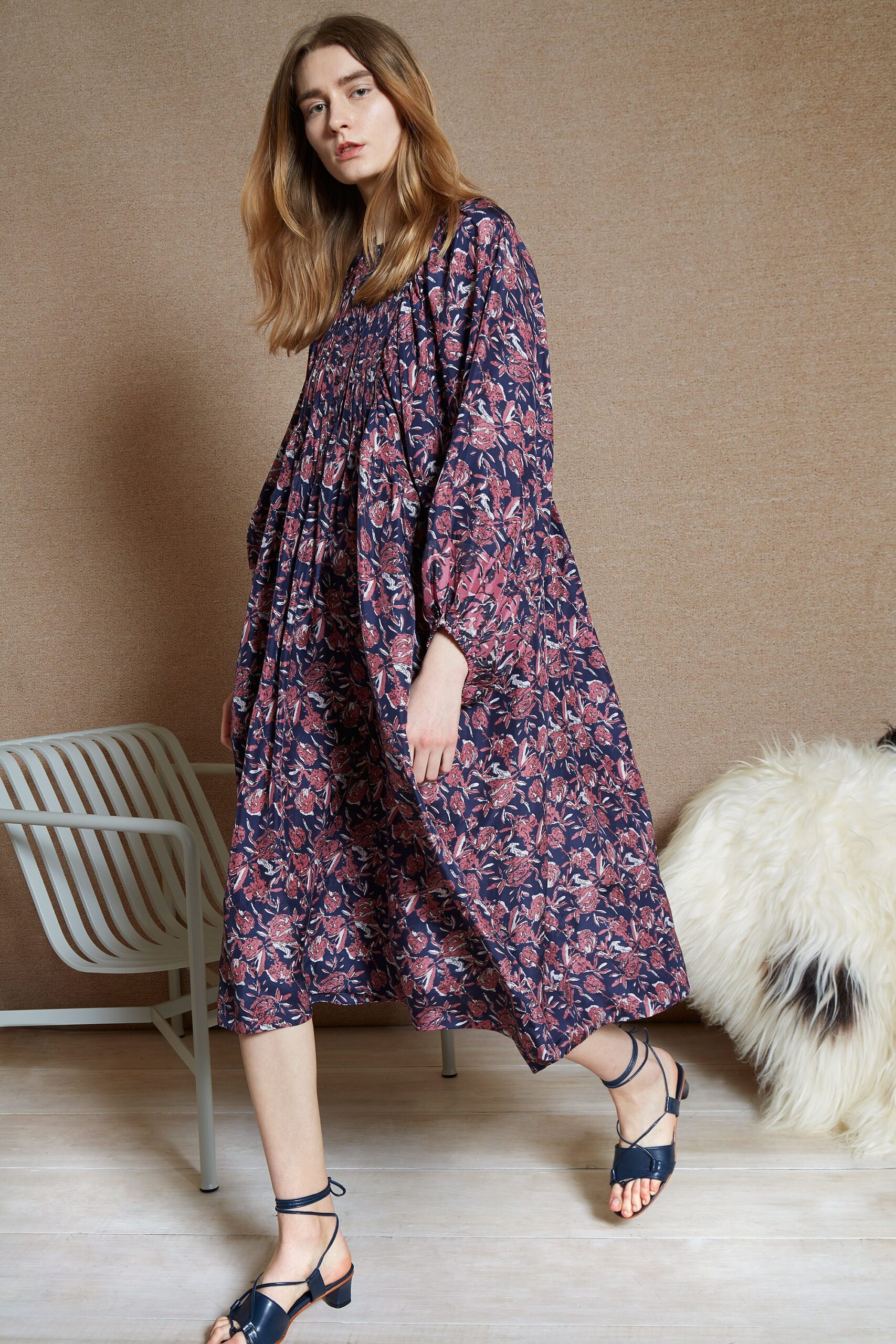 purple floral relaxed midi dress