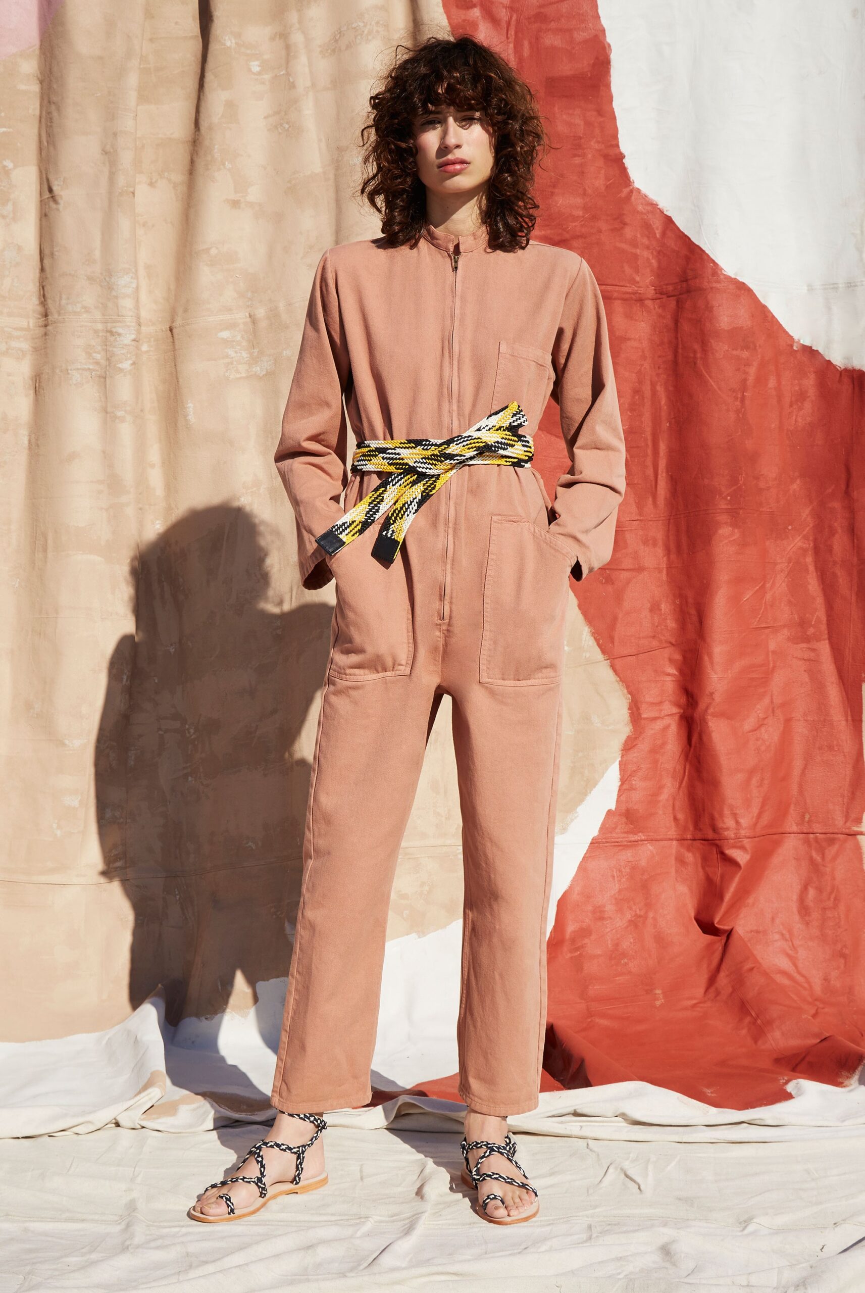 pink cotton long-sleeve collared fitted zippered pockets jumpsuit