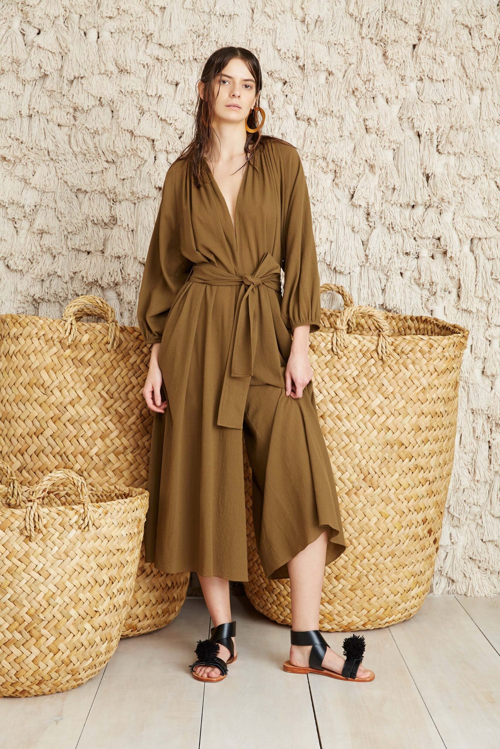 brown relaxed midi dress with belt