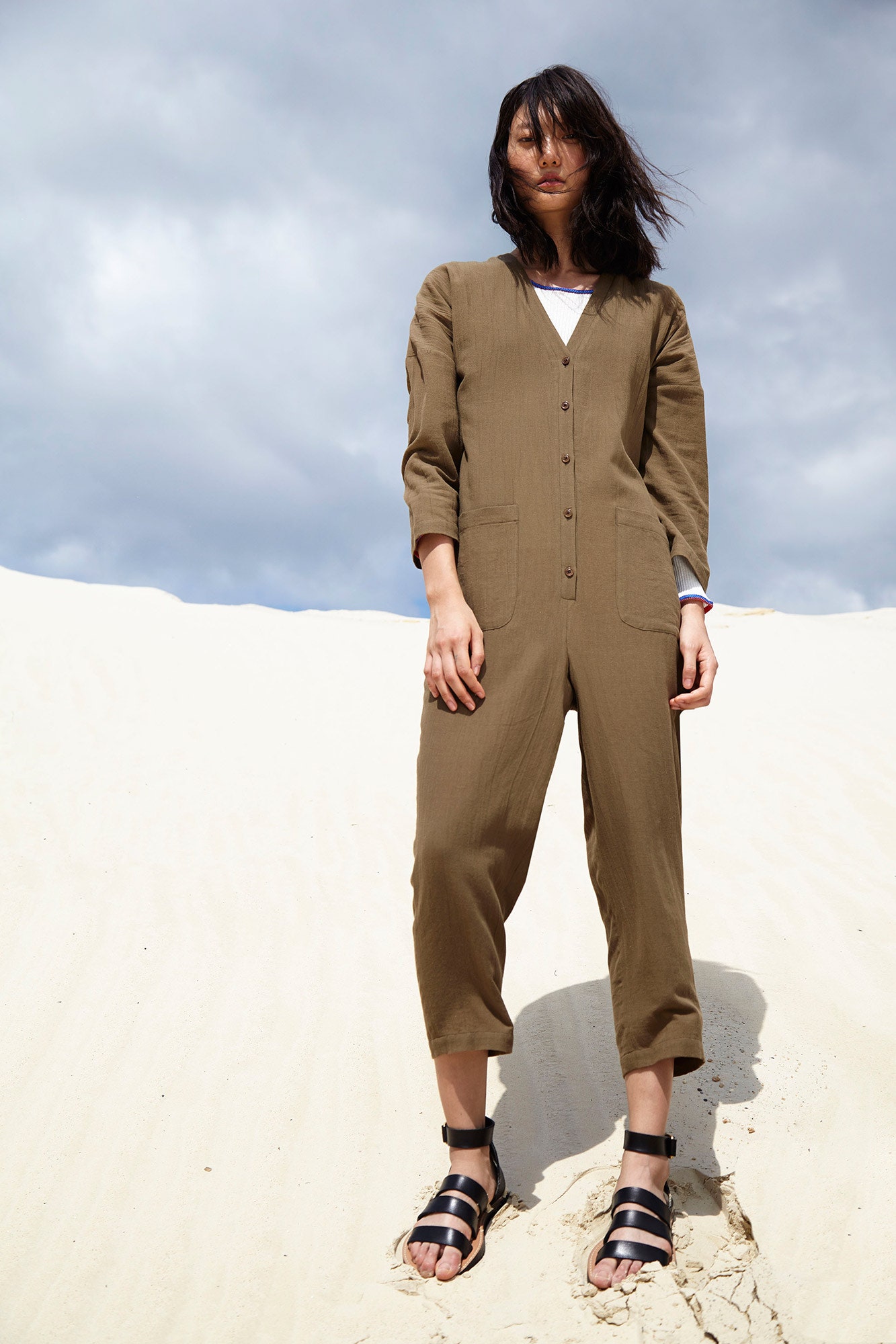 brown cotton long-sleeve v-neck relaxed buttoned straight-leg jumpsuit