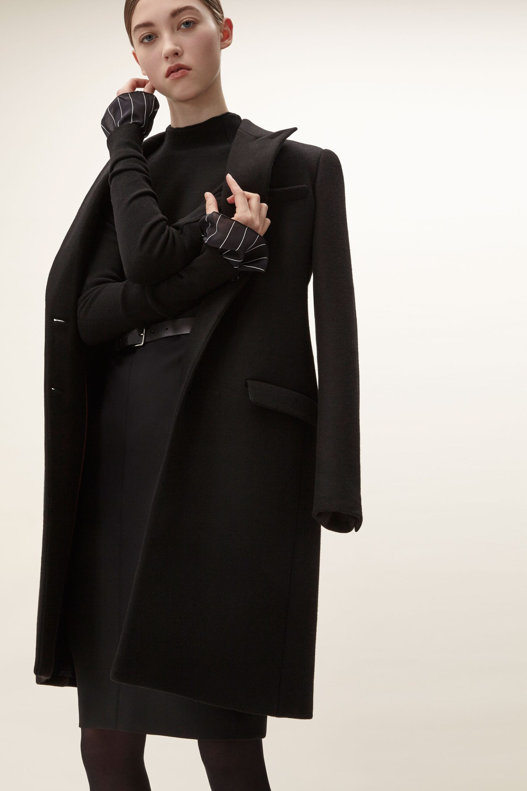 black fitted coat and dress