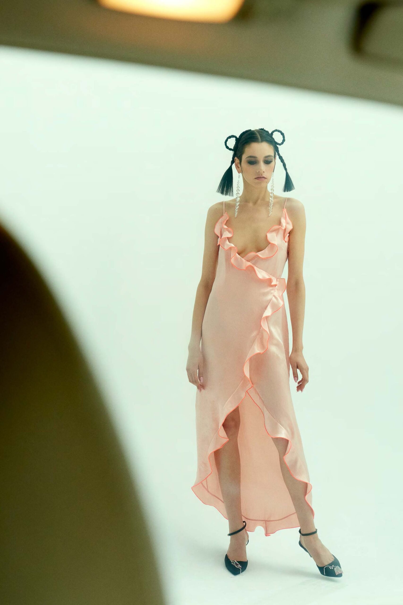 fitted pink silk ruffled dress