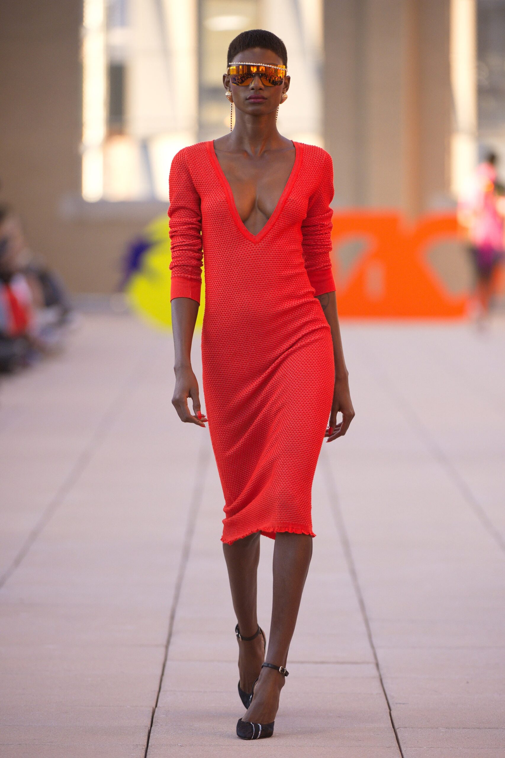 red knit long-sleeve v-neck fitted straight-leg midi dress
