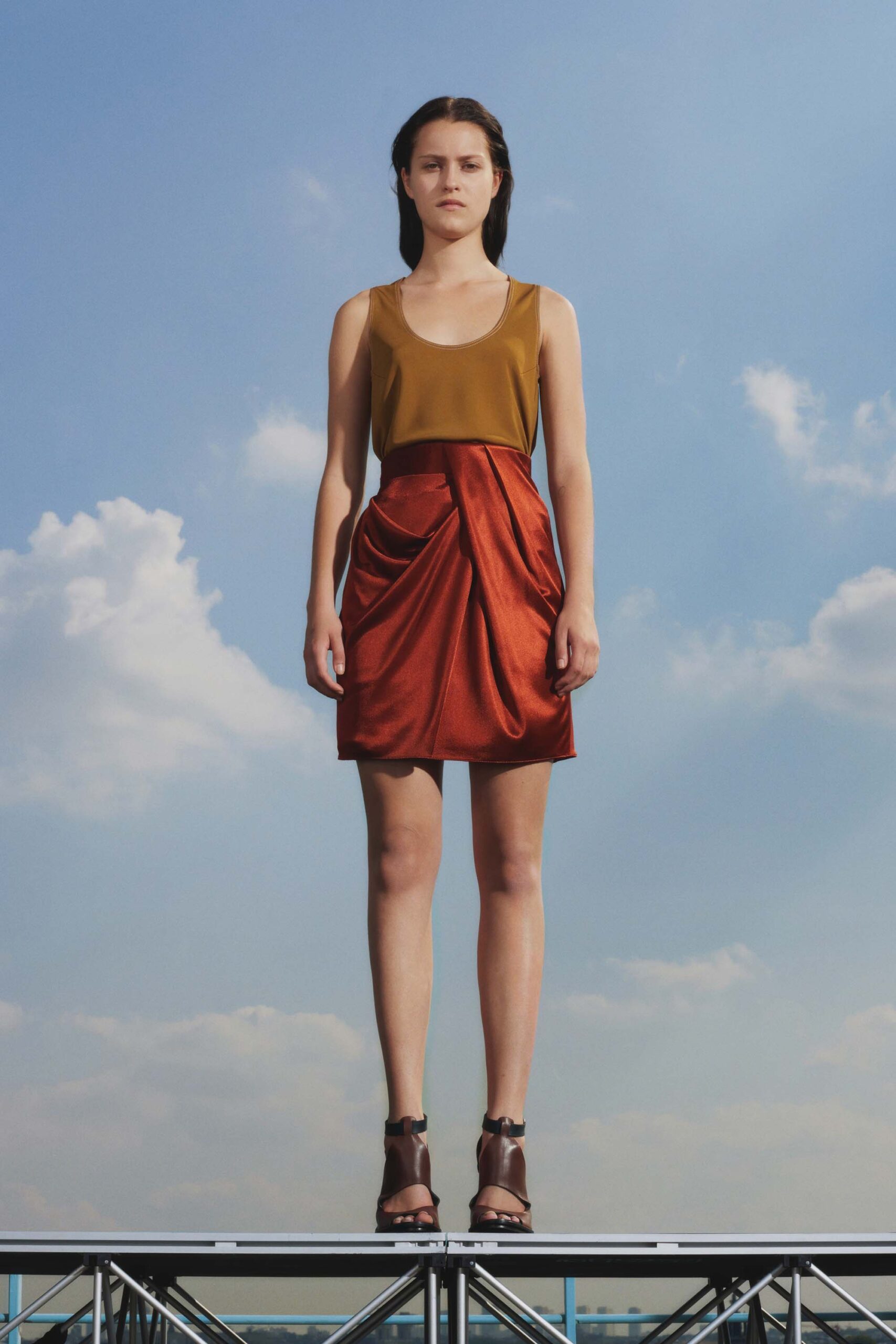 red satin fitted draped mini skirt