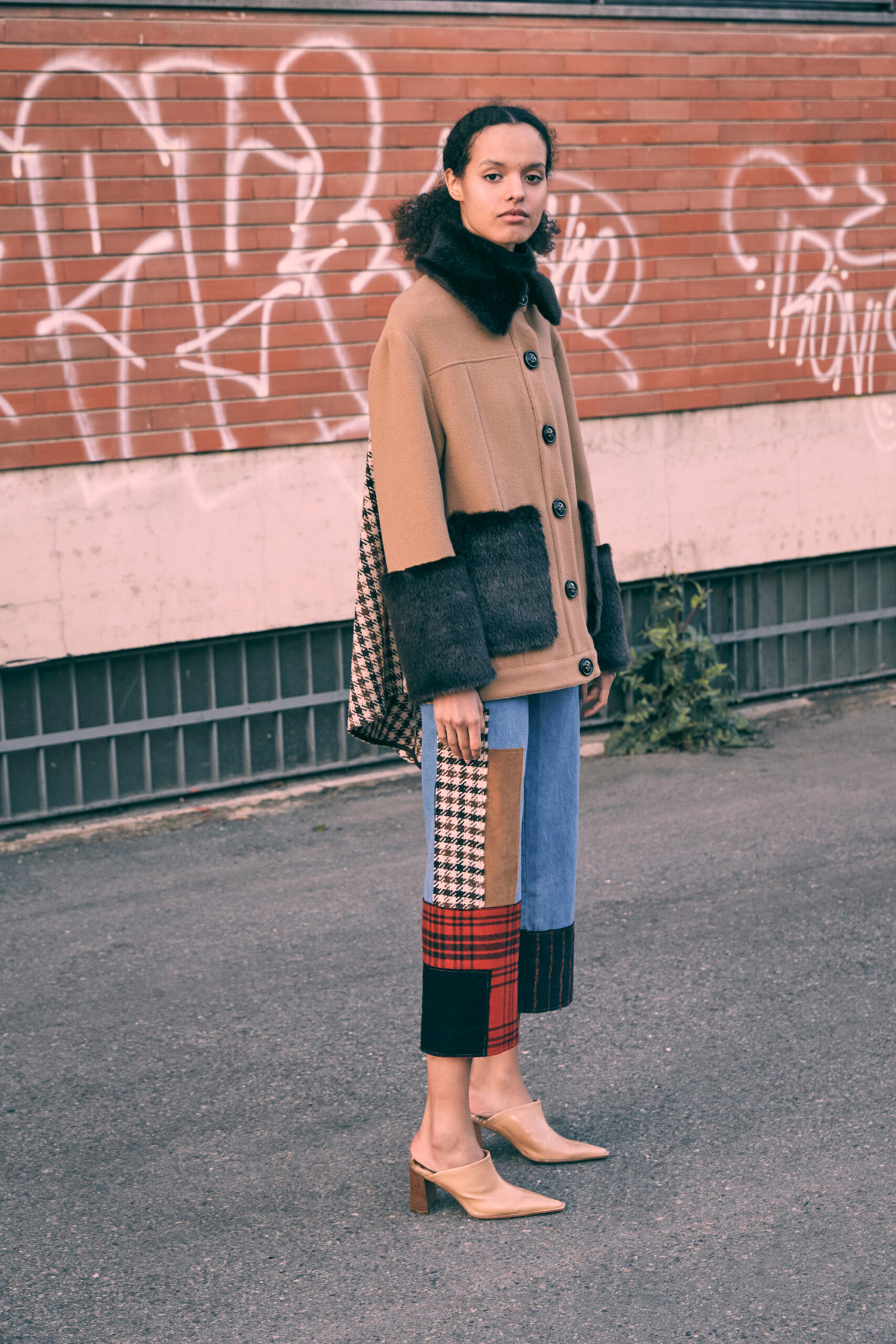 beige wool coat with denim pants