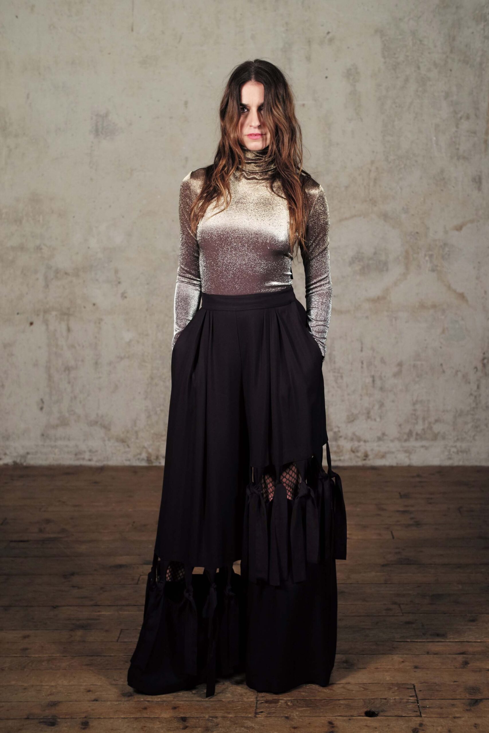 gray metallic long-sleeve high-neck fitted draped shiny top