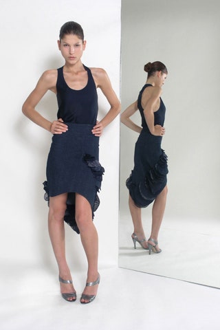 blue denim asymmetric fitted ruffled skirt