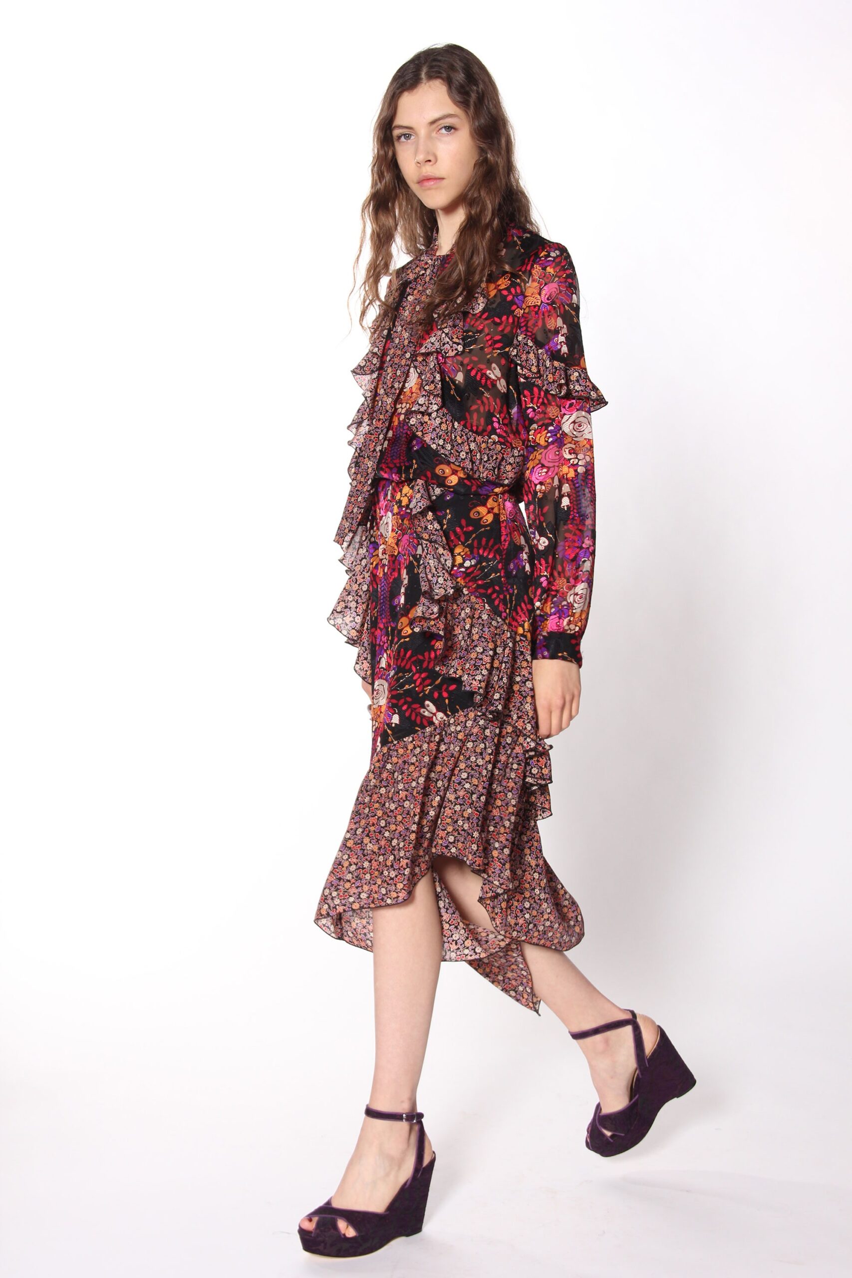 black floral ruffled midi dress