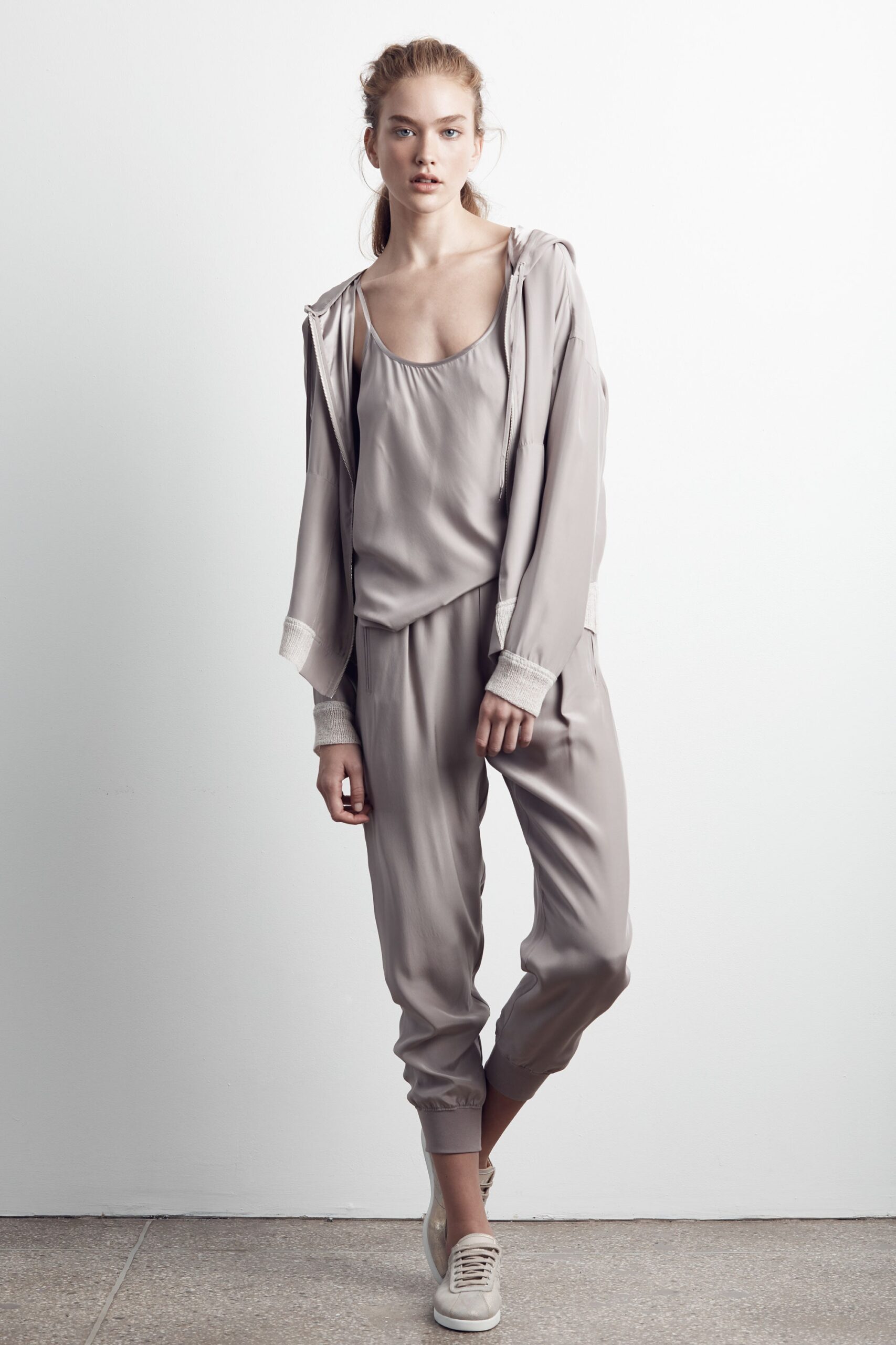 gray silk relaxed jacket and pants