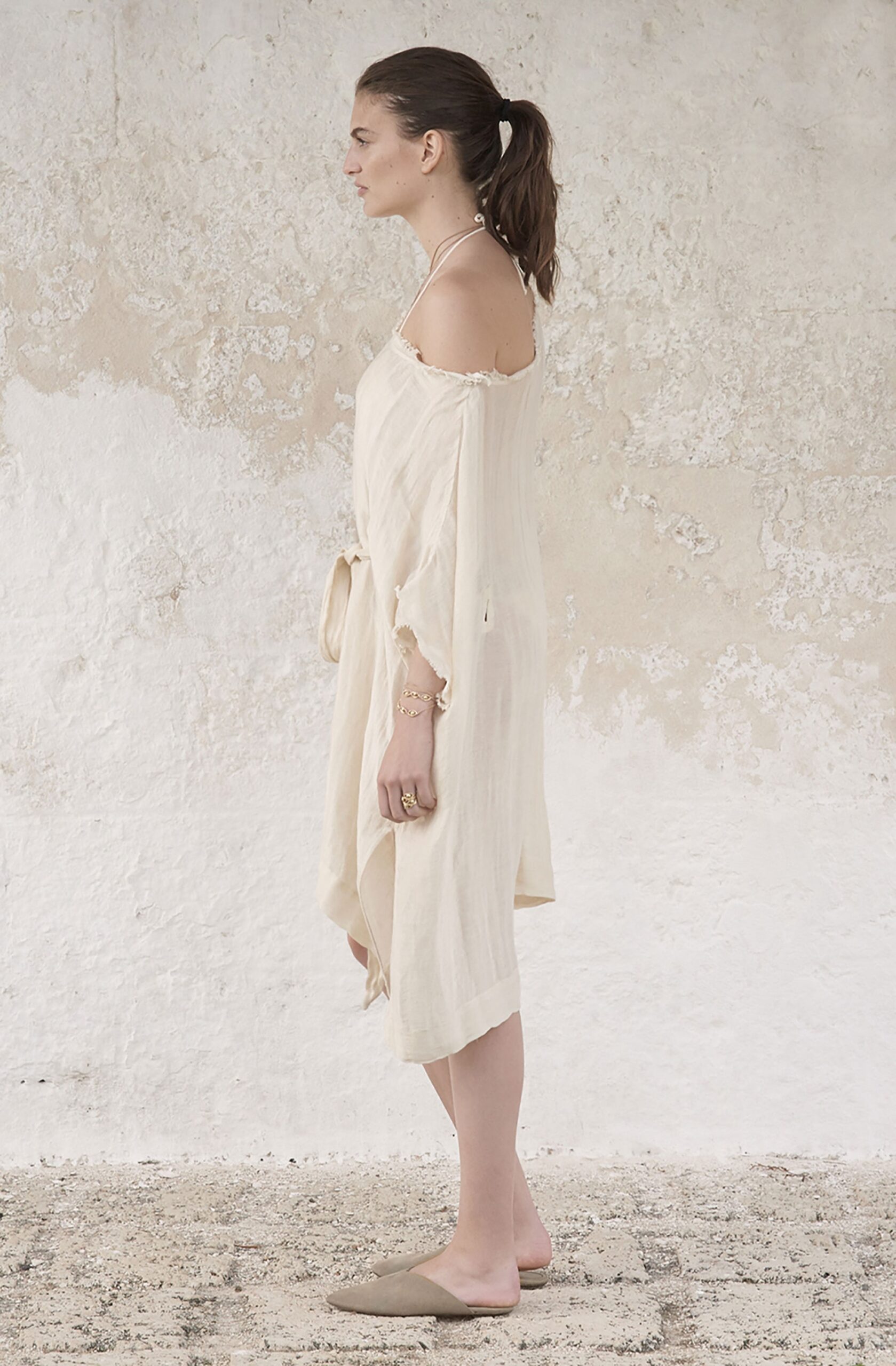 beige relaxed off-shoulder dress