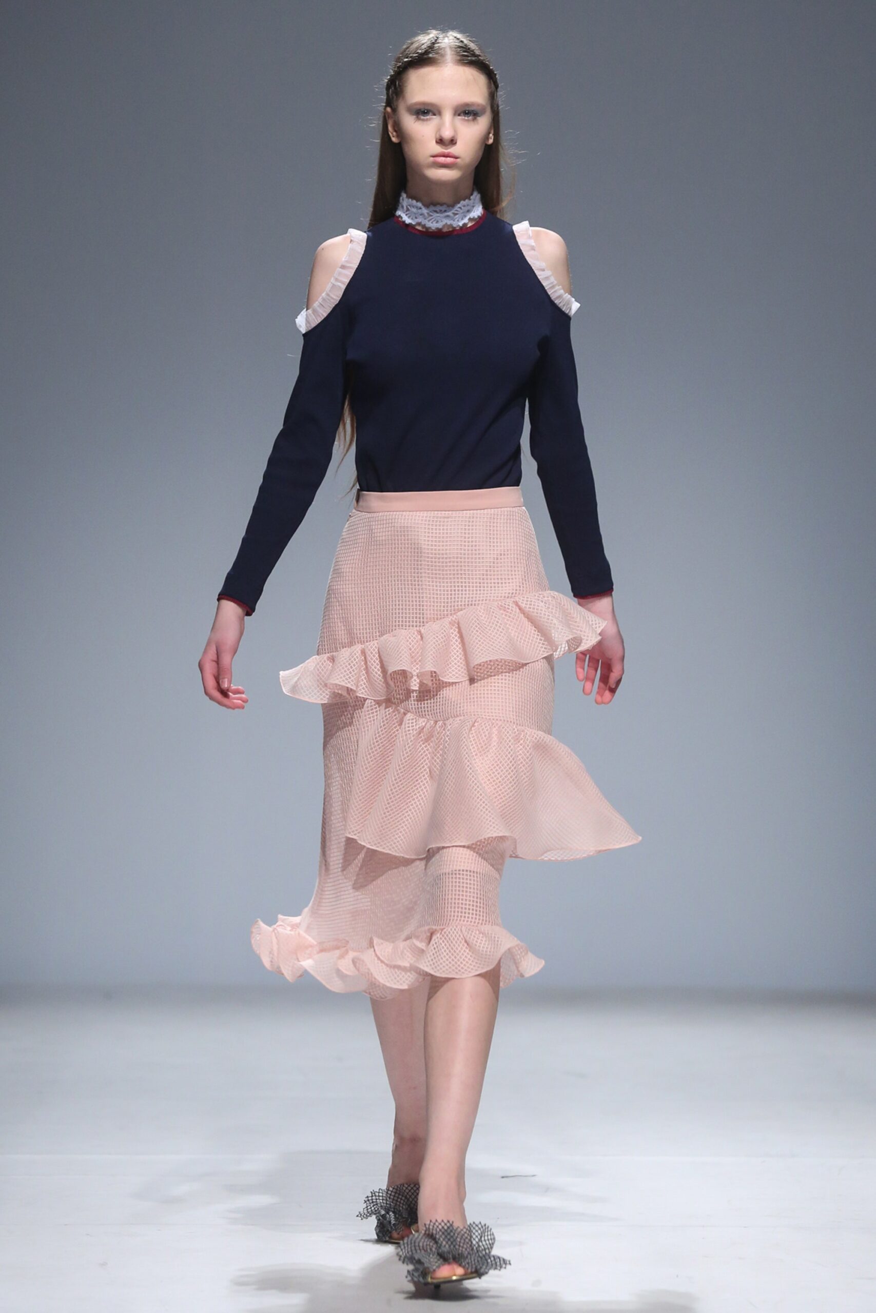 navy off-shoulder top with pink tiered skirt