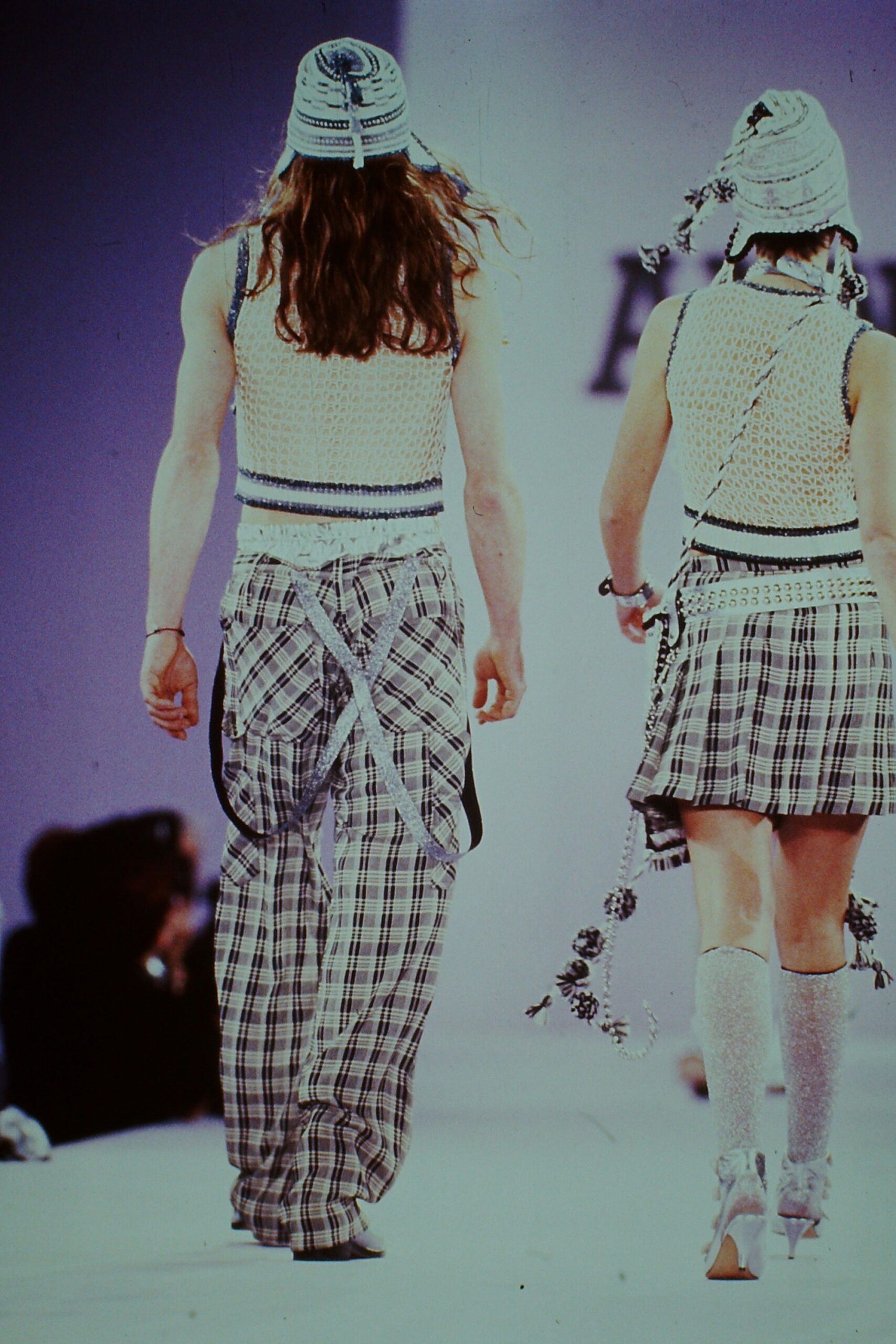 crochet top plaid pants hat