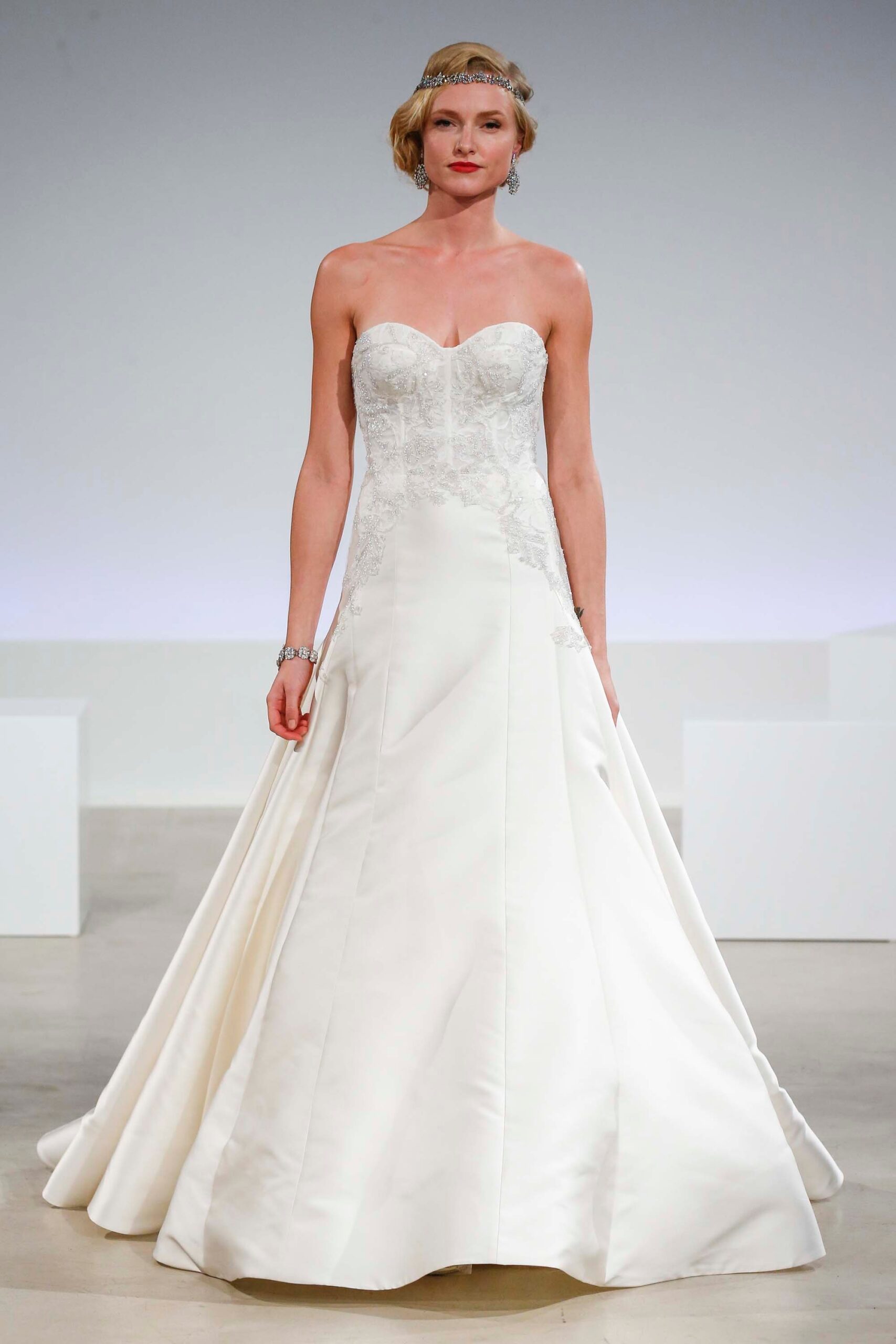 white silk strapless gown