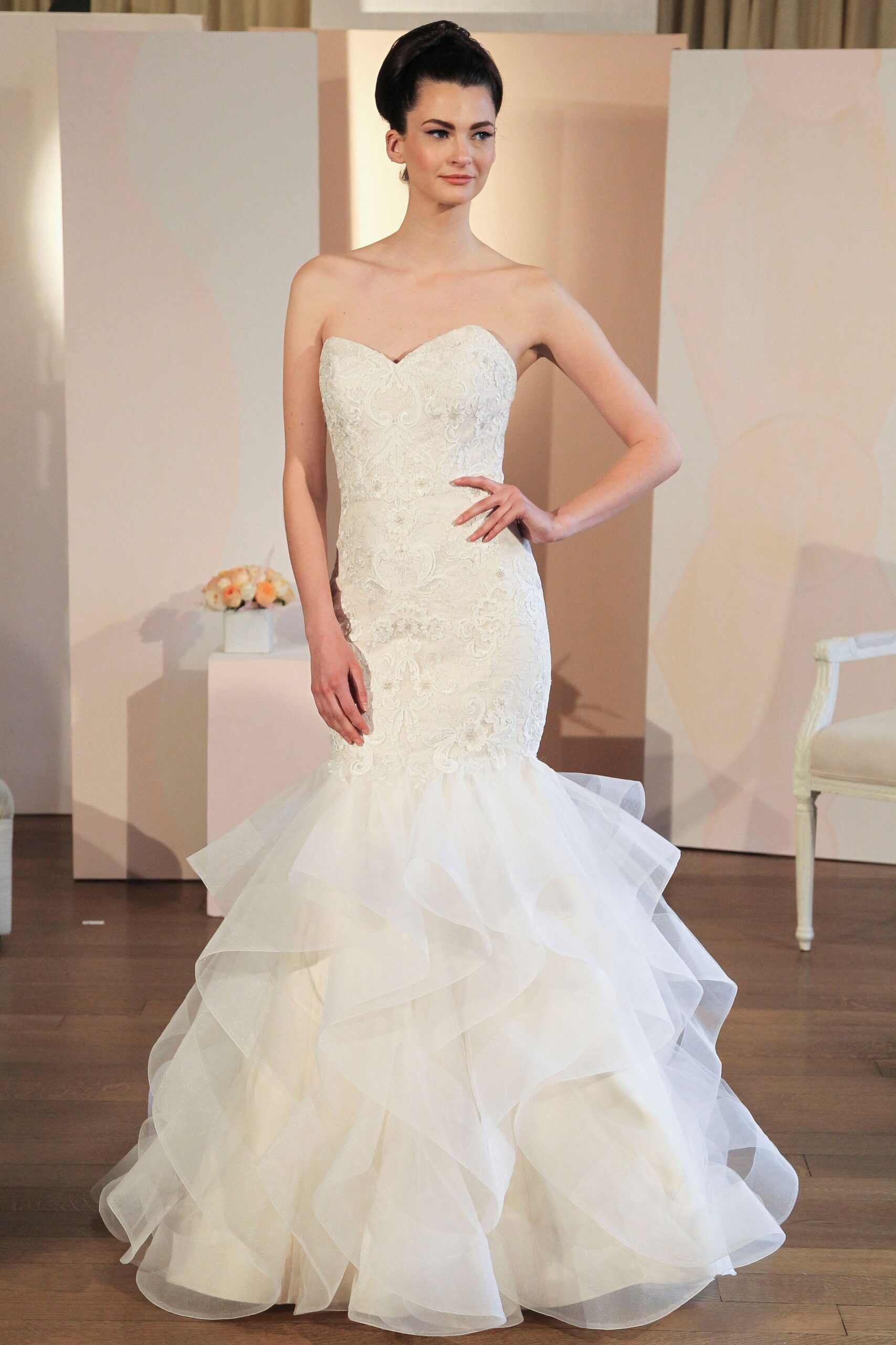 white strapless ruffled gown
