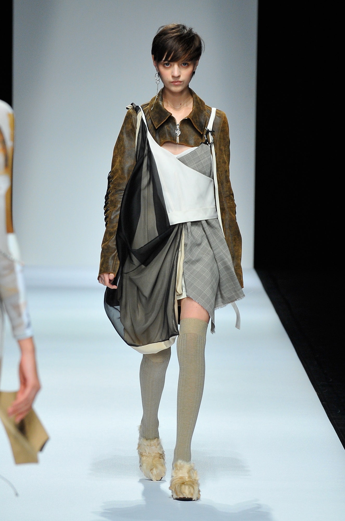 brown leather long-sleeve collared structured zippered jacket