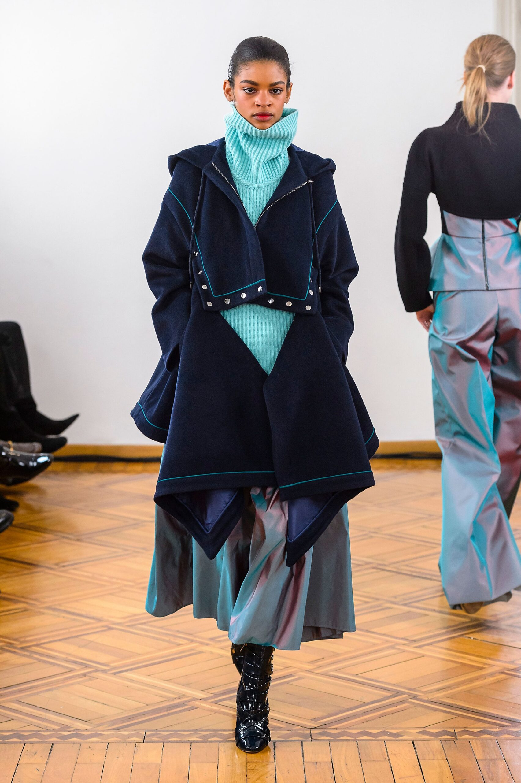 navy wool coat with mint sweater
