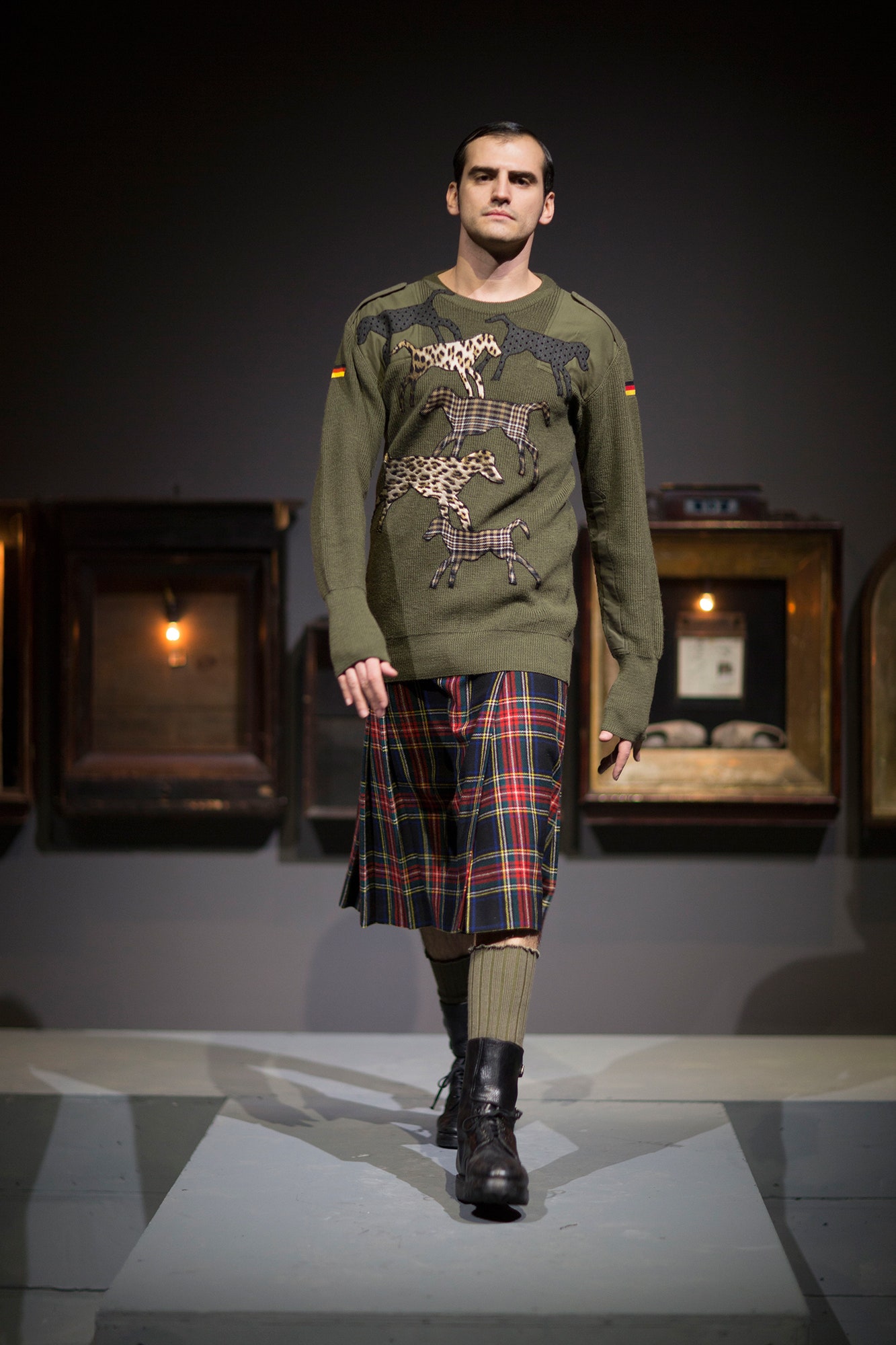 green wool long-sleeve collared fitted embroidered sweater
