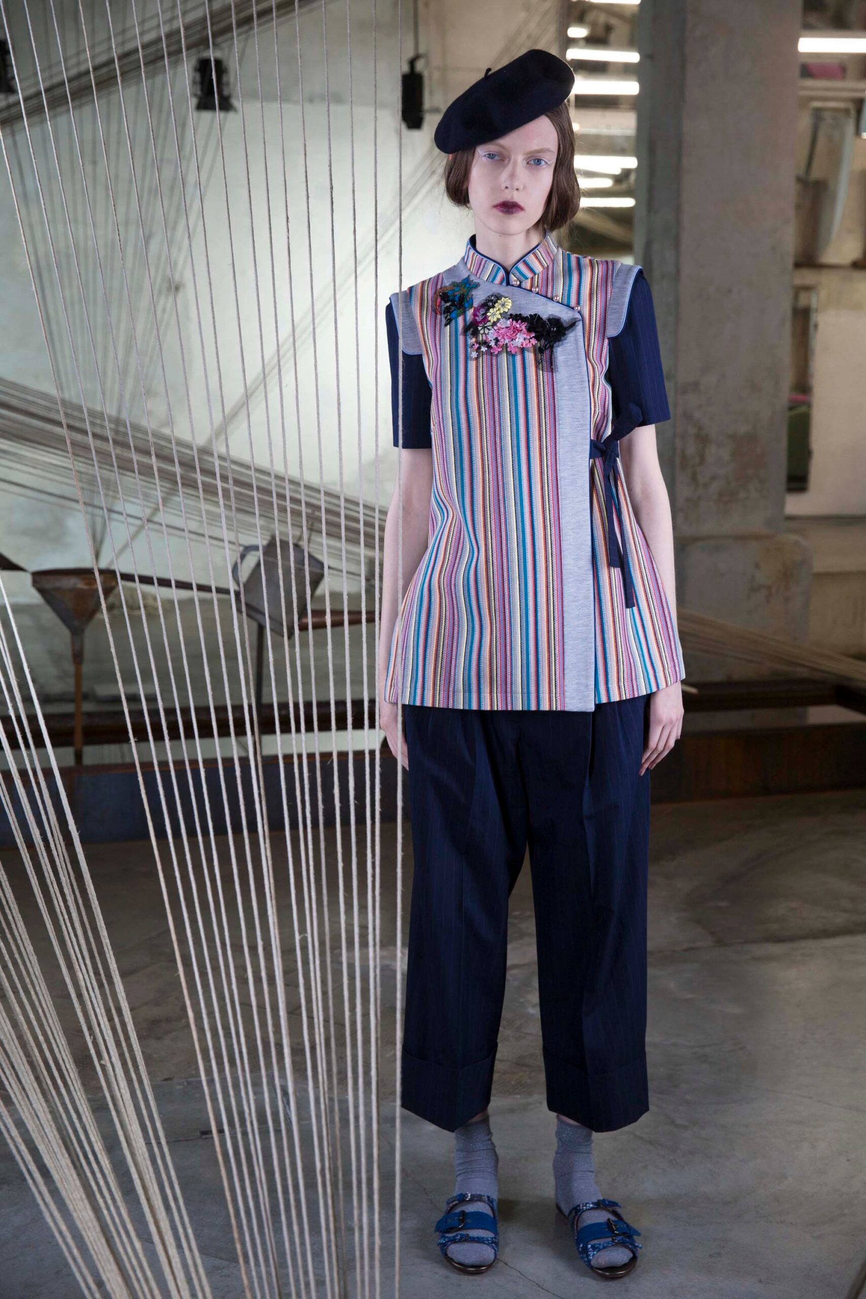 multi cotton short-sleeve collared relaxed striped embroidered top