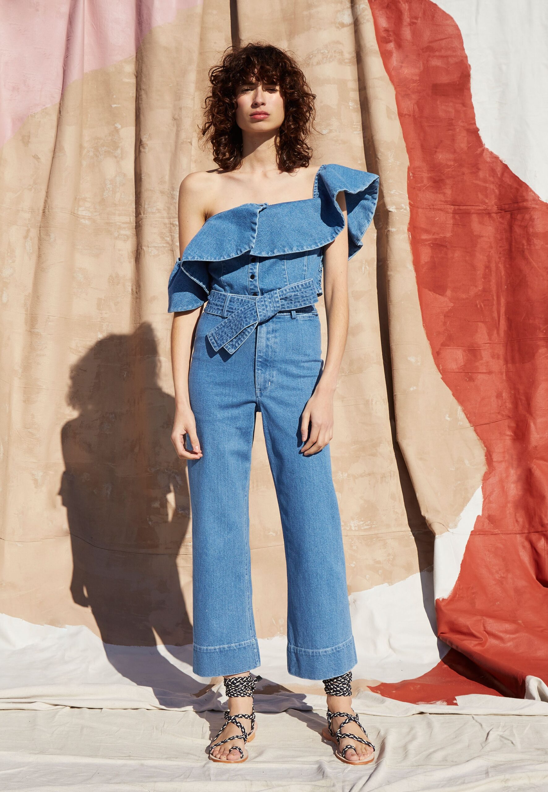 blue denim sleeveless off-shoulder fitted ruffled top