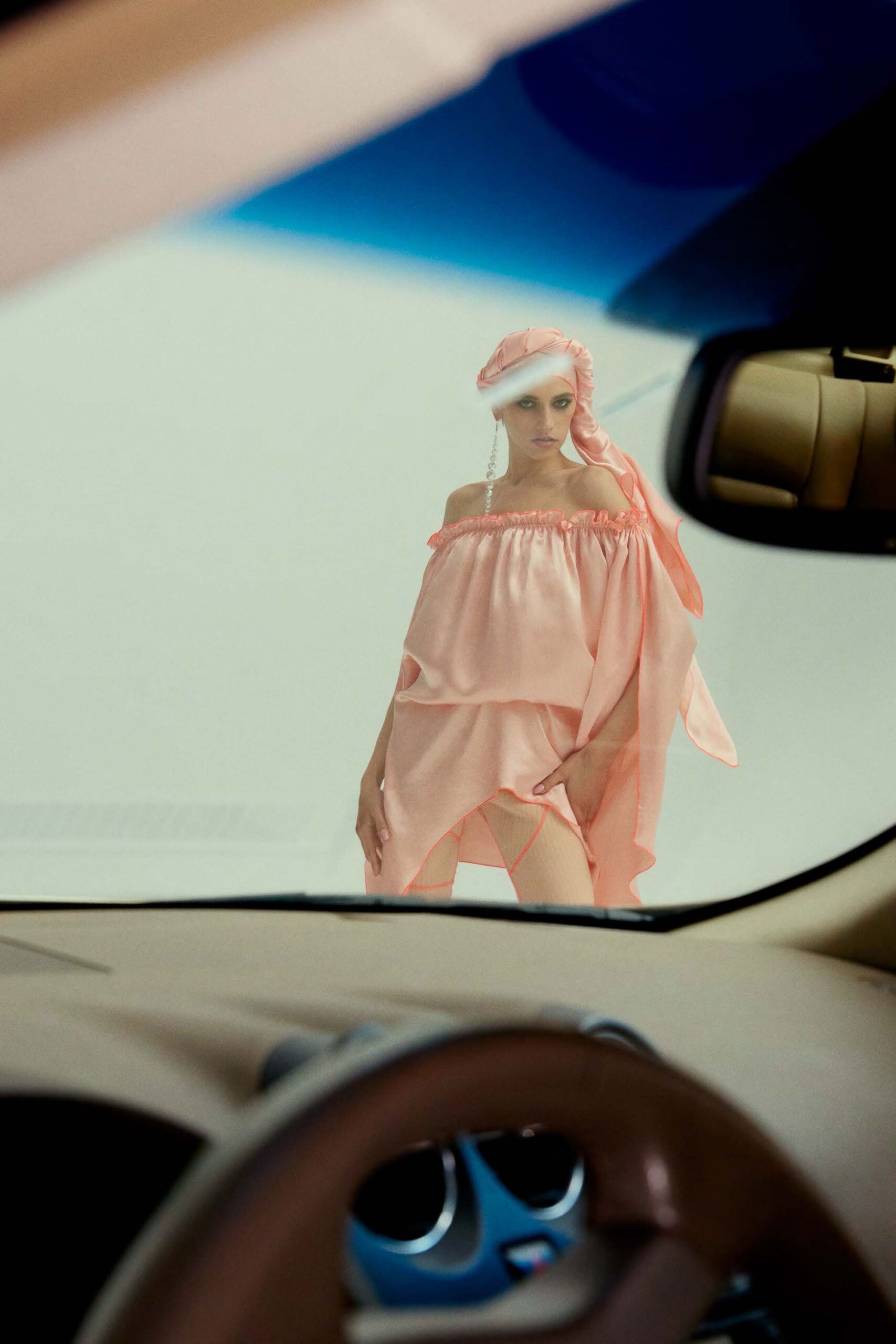 pink silk relaxed off-shoulder dress