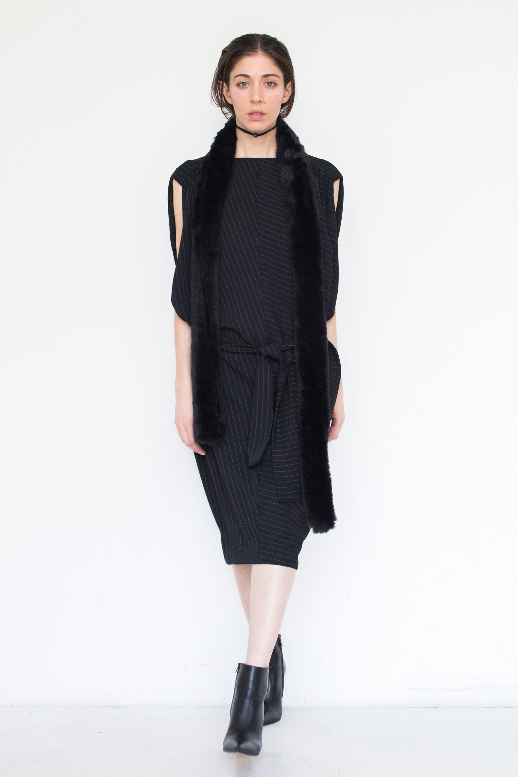 black striped midi dress with faux-fur scarf