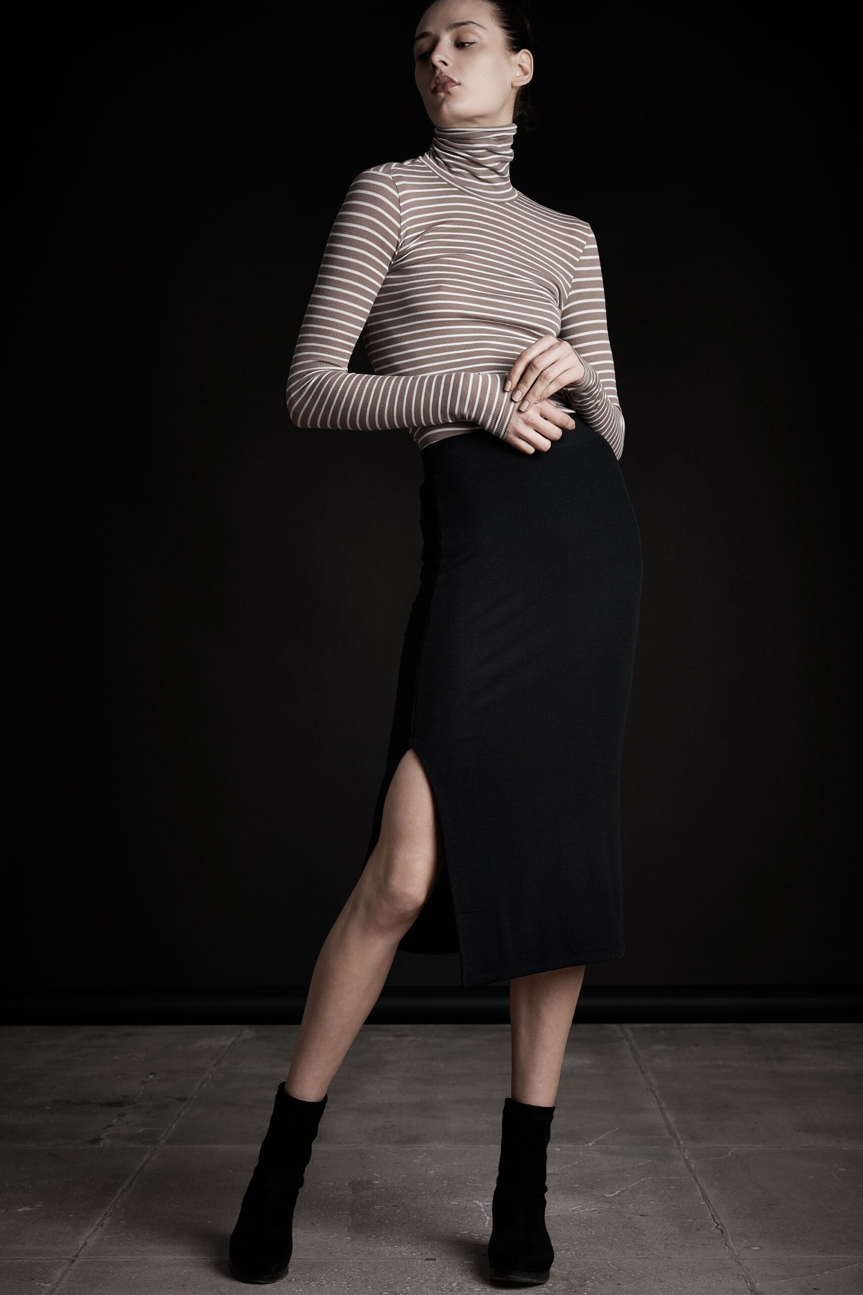 fitted striped turtleneck and midi skirt