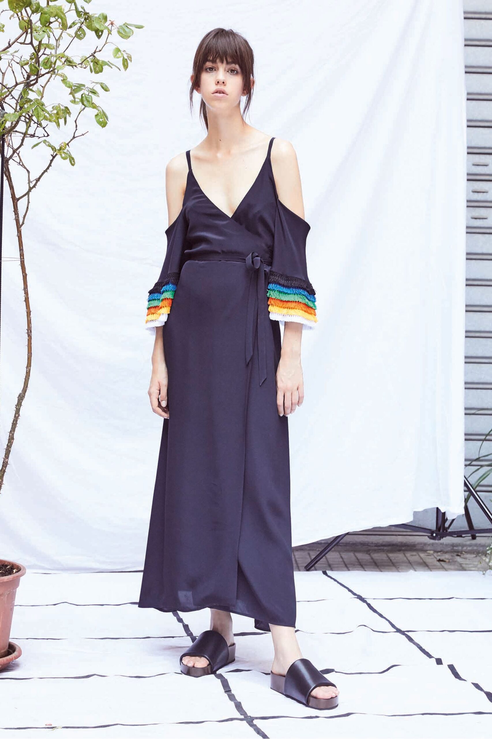 black silk maxi dress with layered jacket