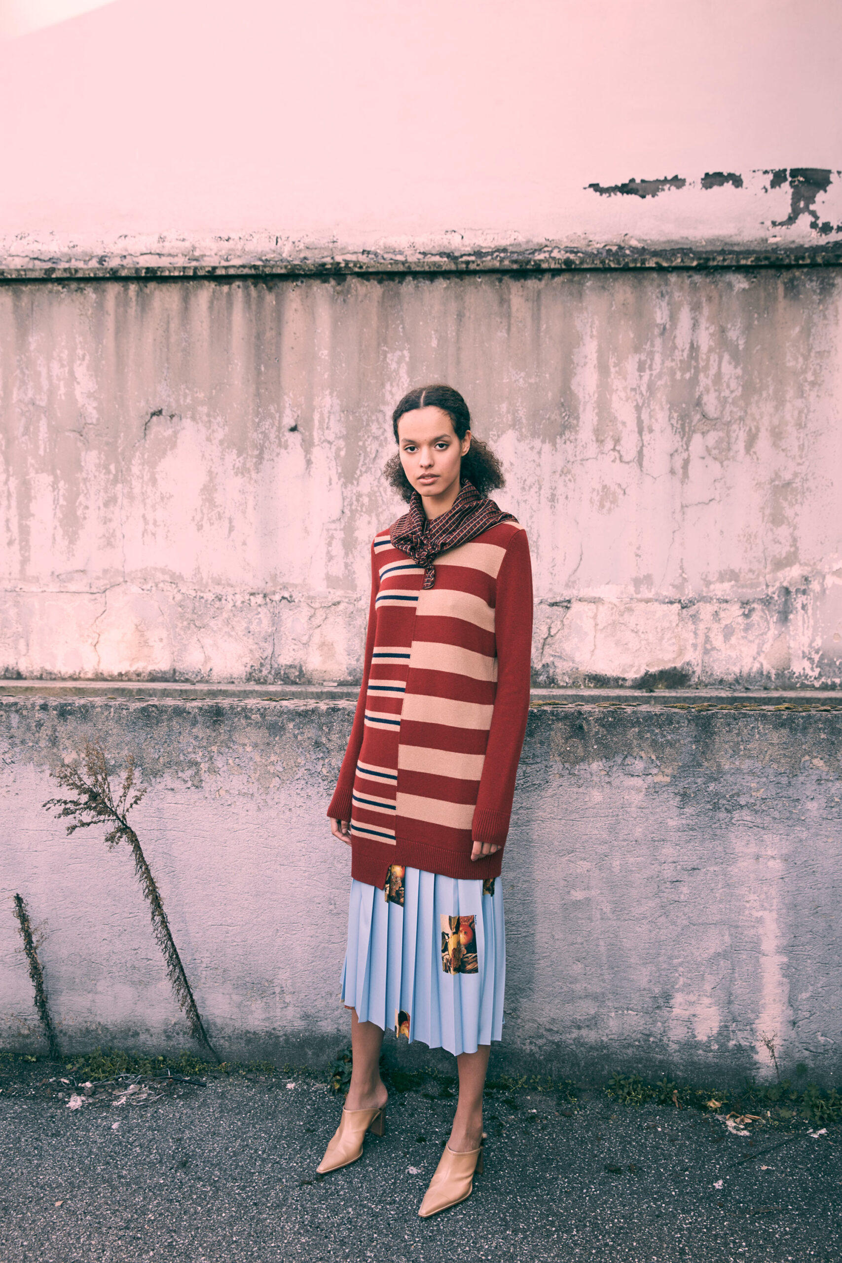 red wool long-sleeve collared oversized striped sweater