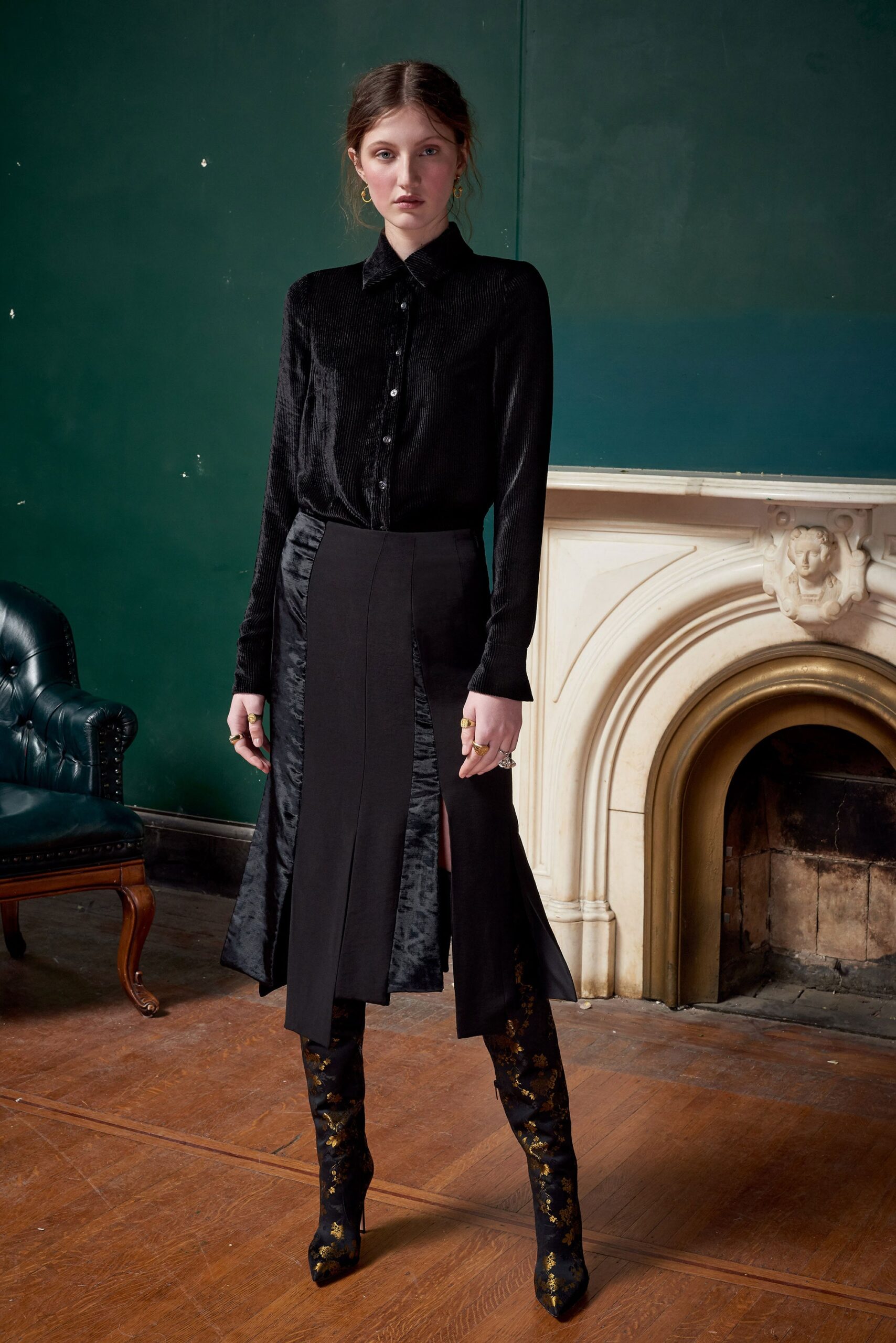 black silk shirt and skirt