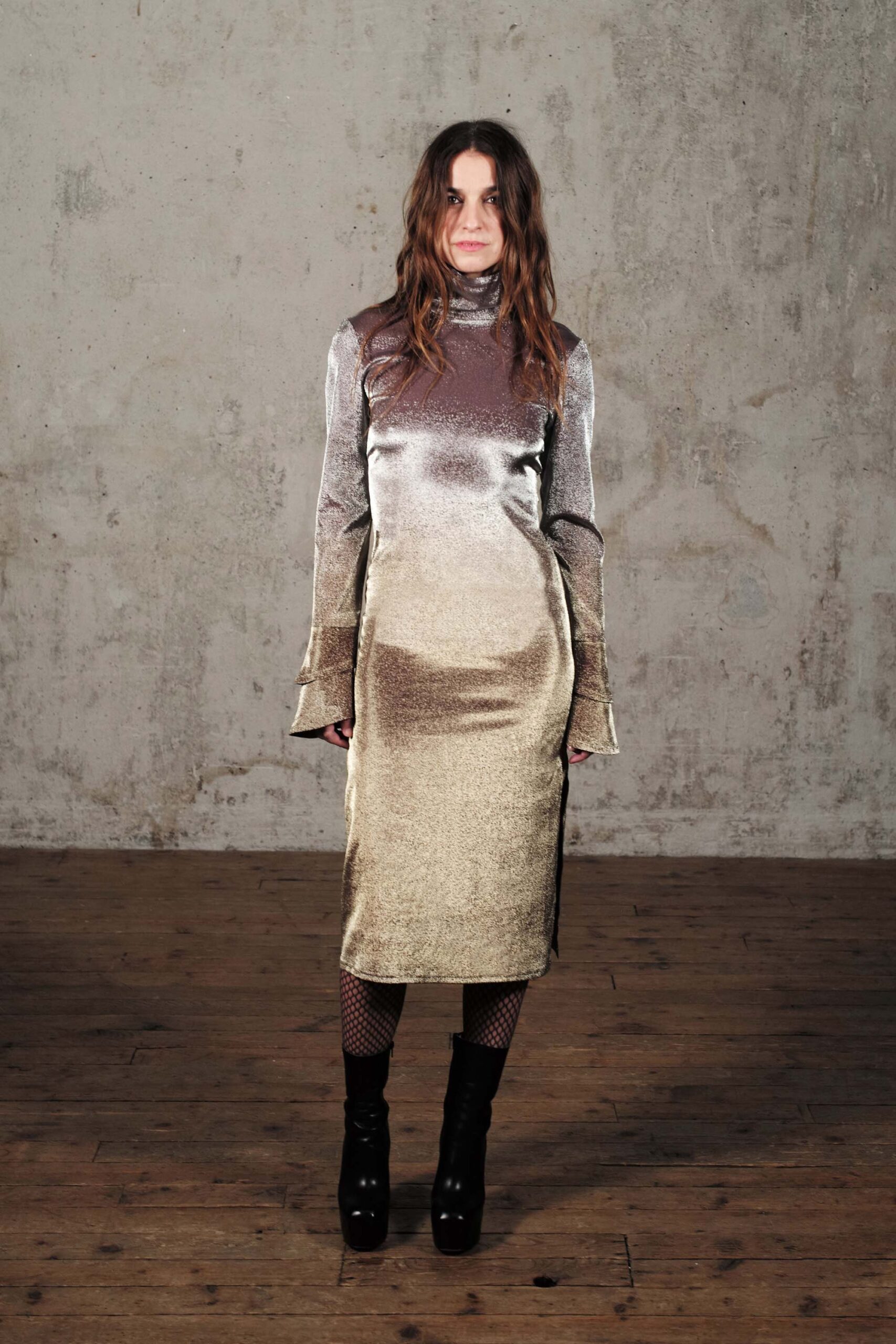 shiny gold silver velvet dress with boots