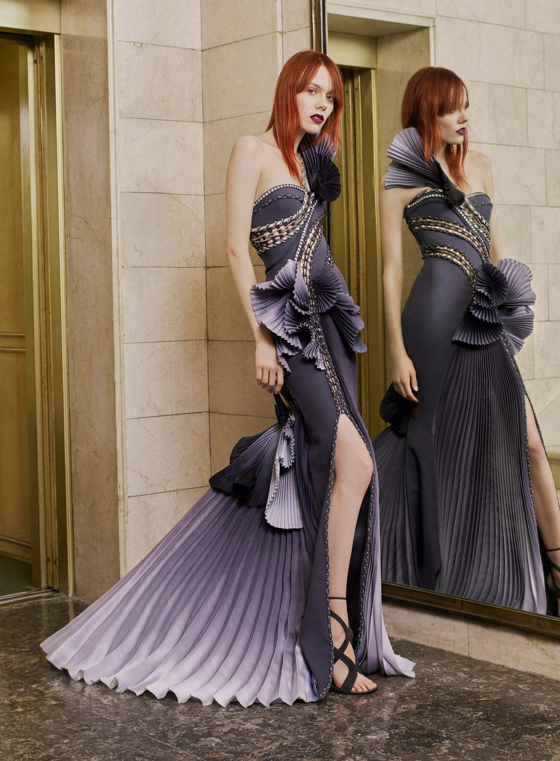 purple gray pleated gown