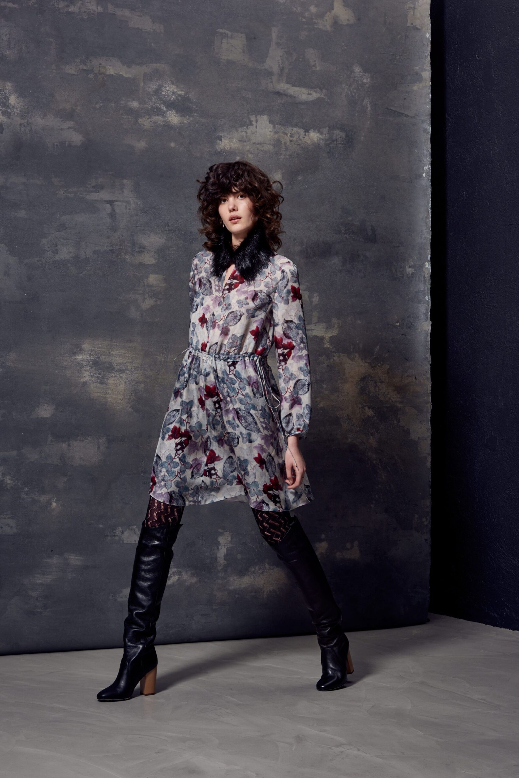 floral mini dress with black boots