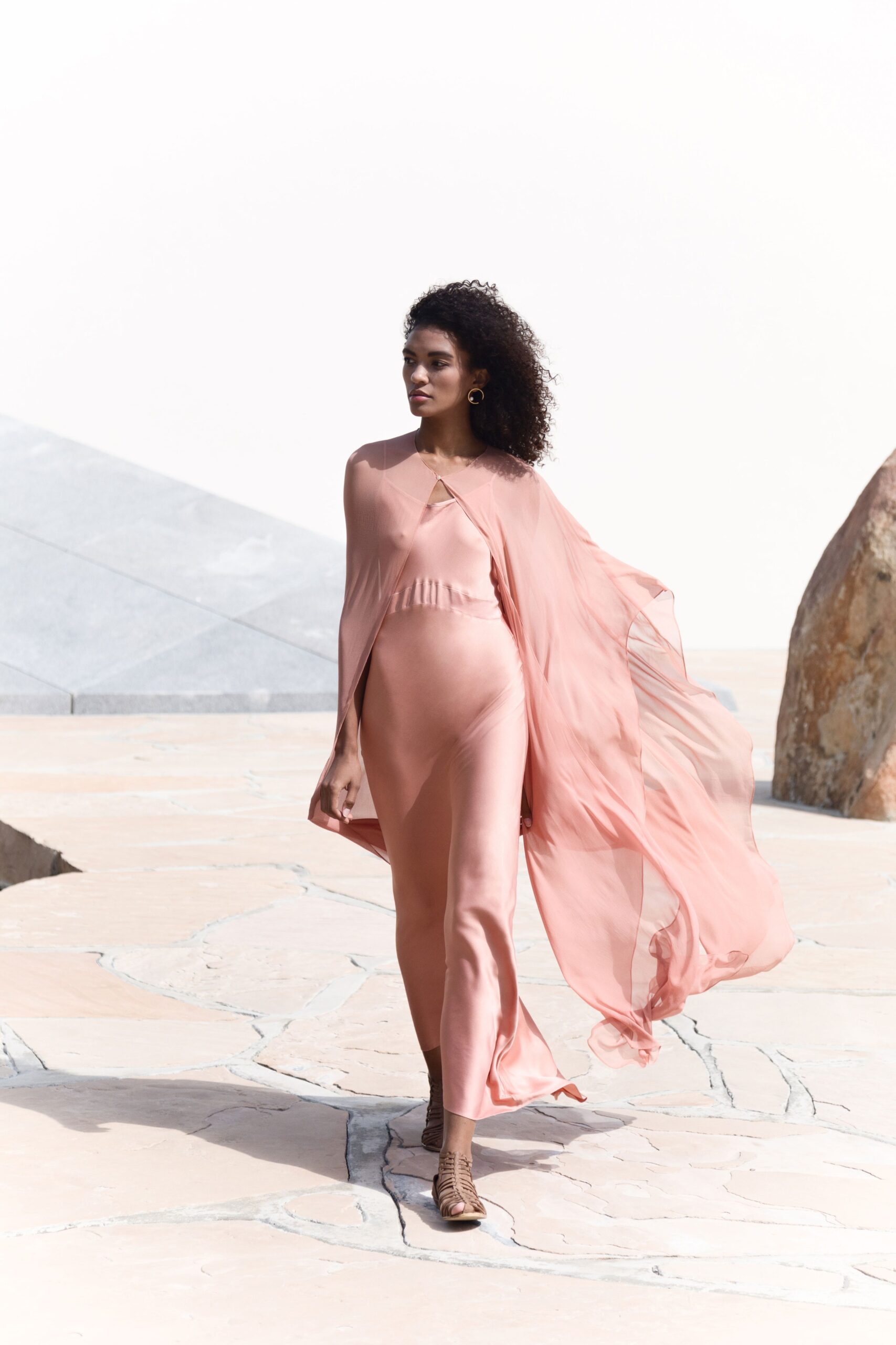 pink silk sleeveless v-neck fitted draped flowing dress