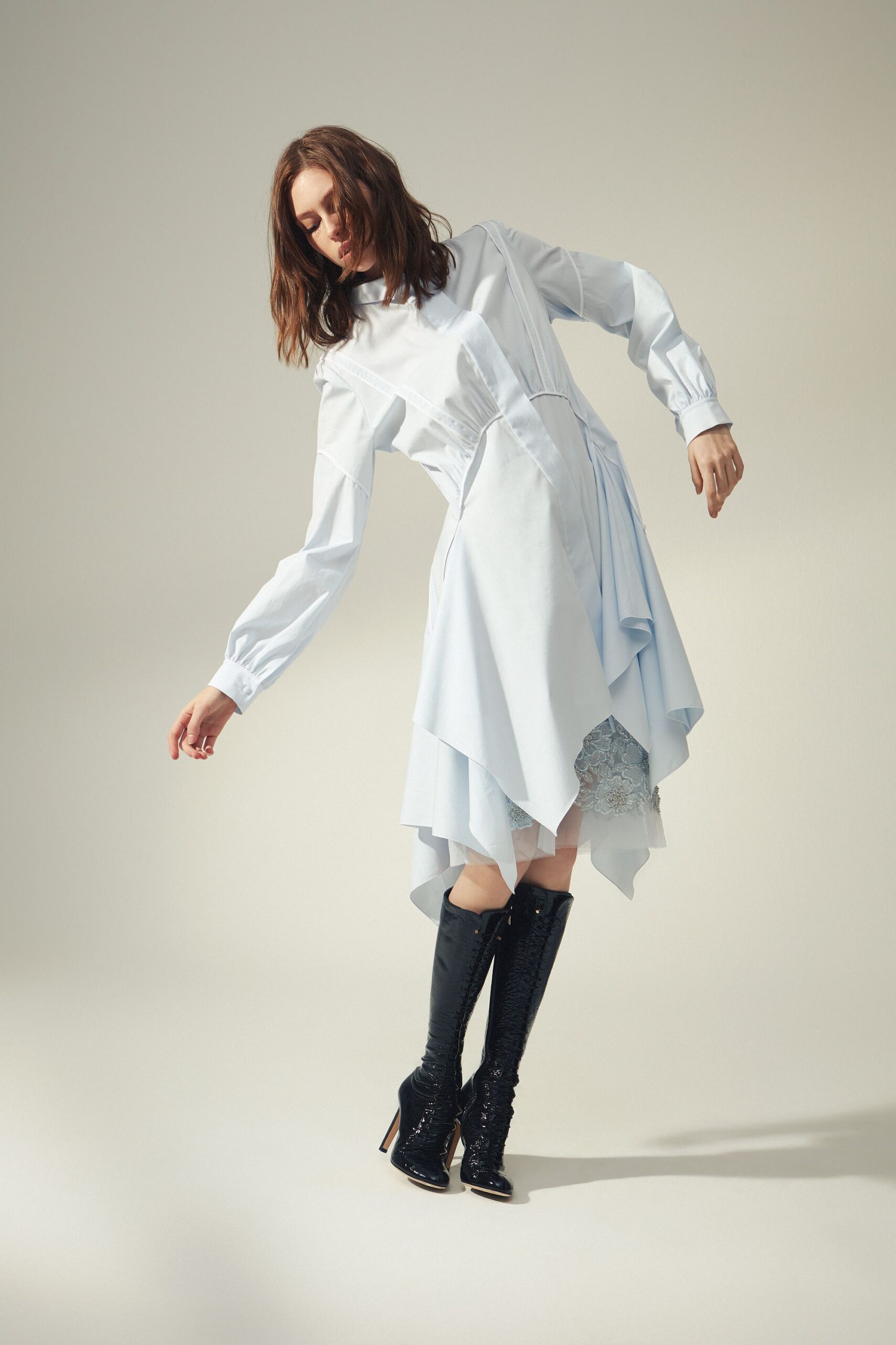 blue asymmetric midi dress with boots