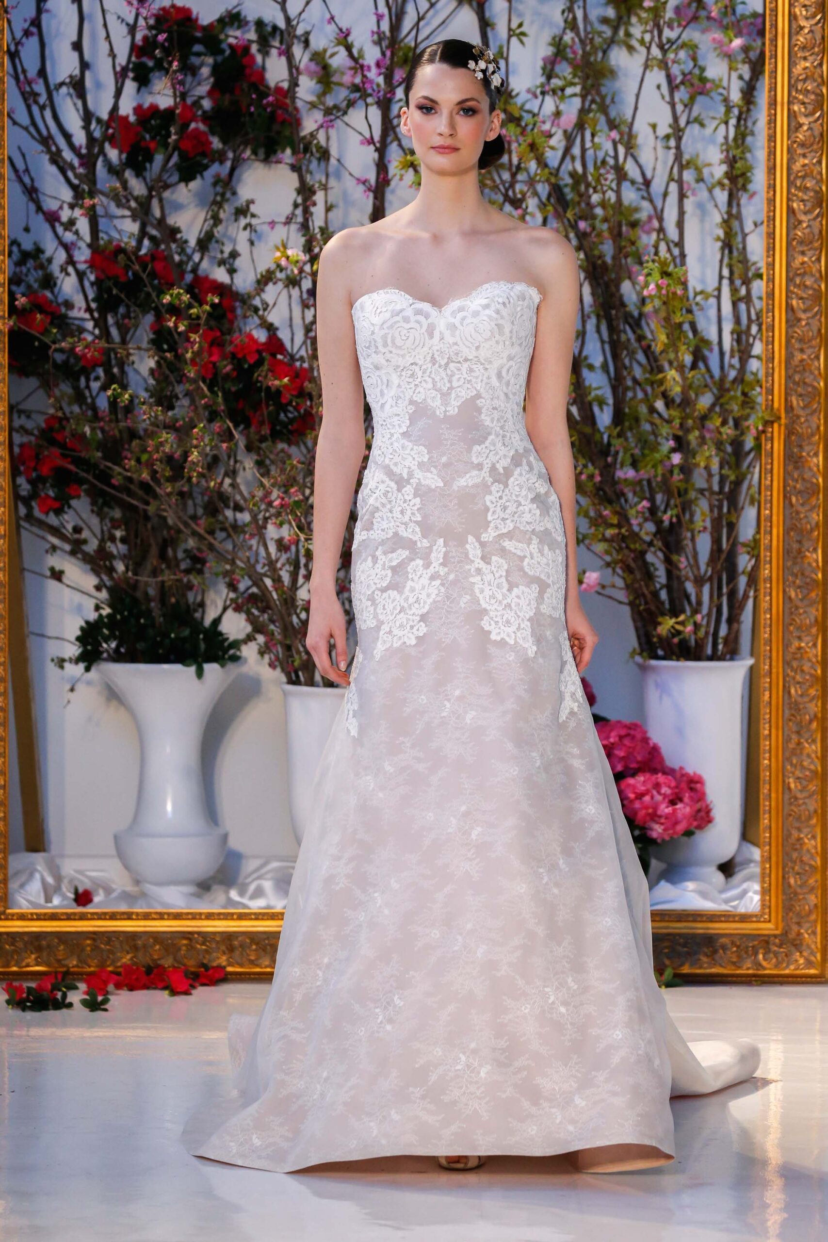 white lace strapless gown