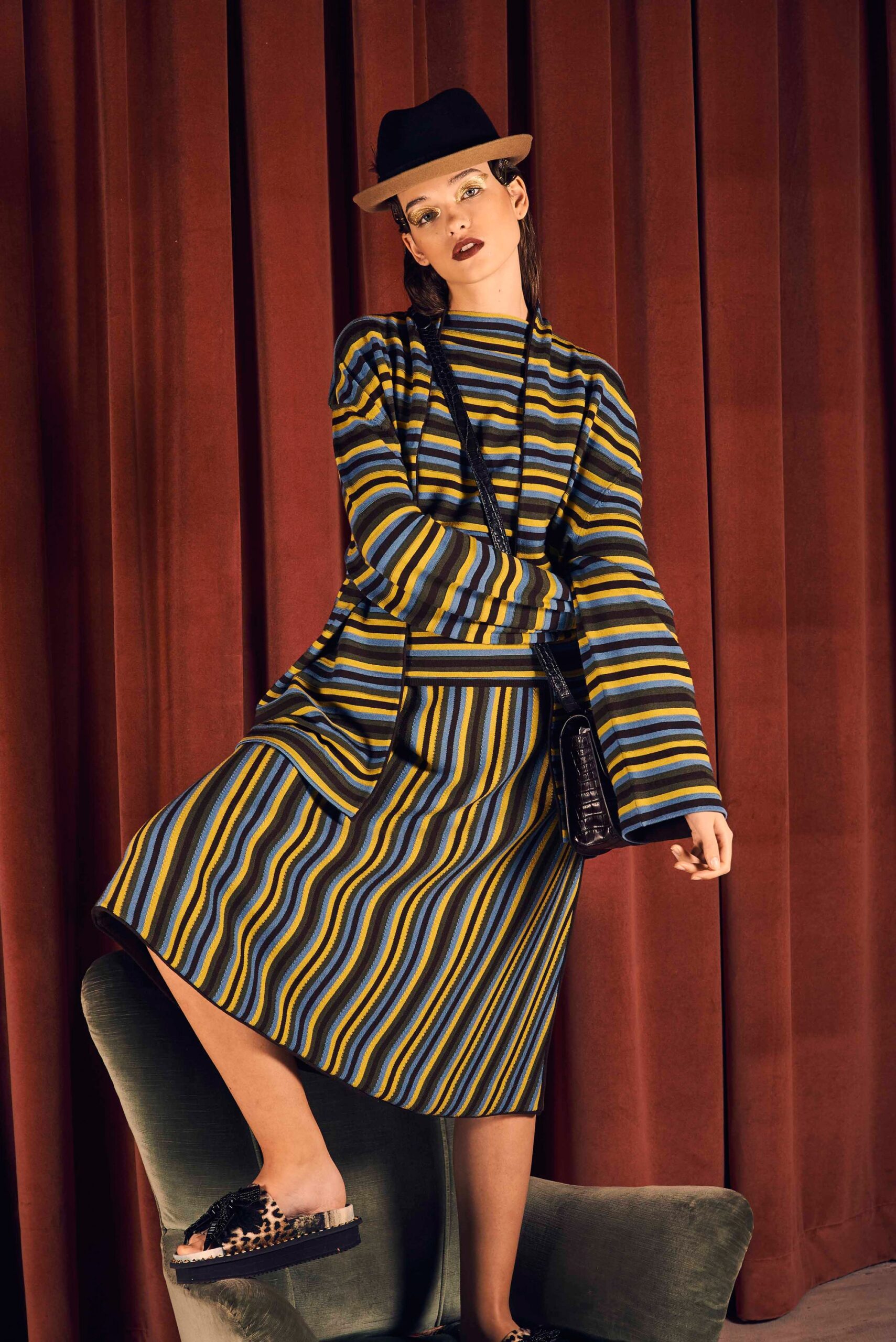 striped midi dress with hat