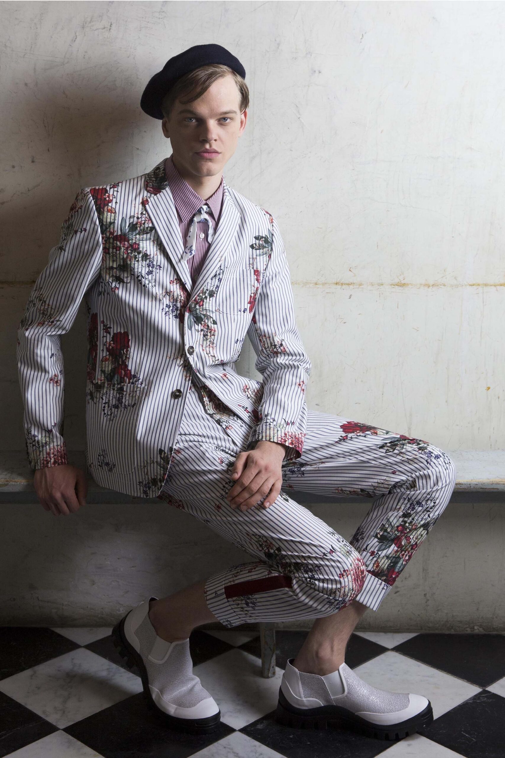 white cotton long-sleeve collared tailored striped flared suit