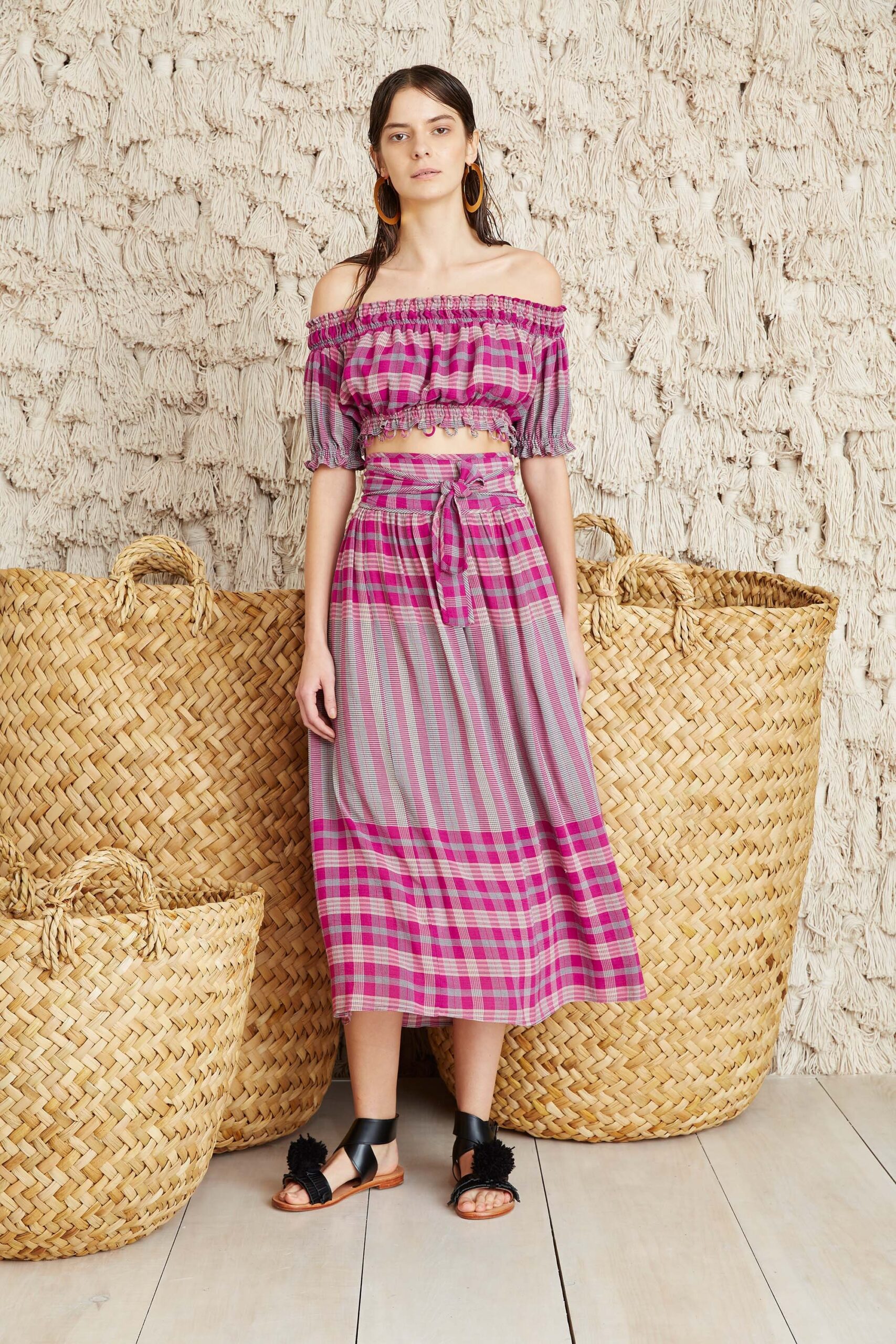 pink gray cropped top and midi skirt