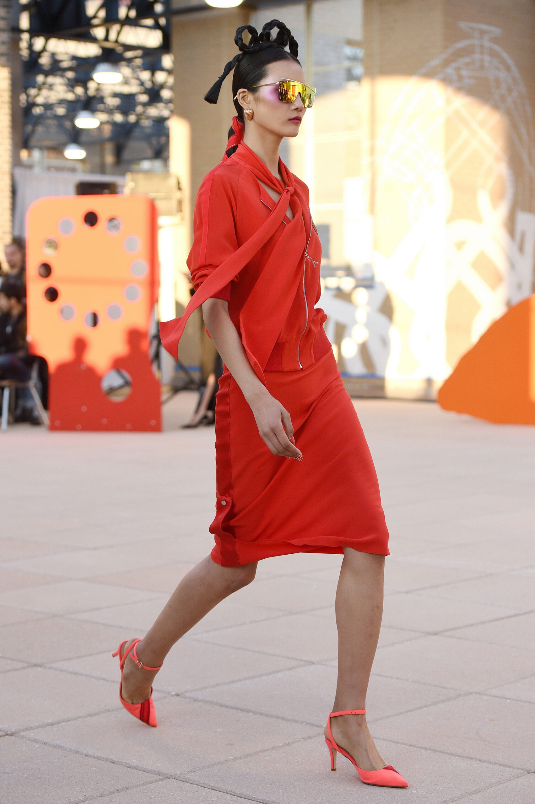 red sleeveless v-neck fitted zippered midi dress