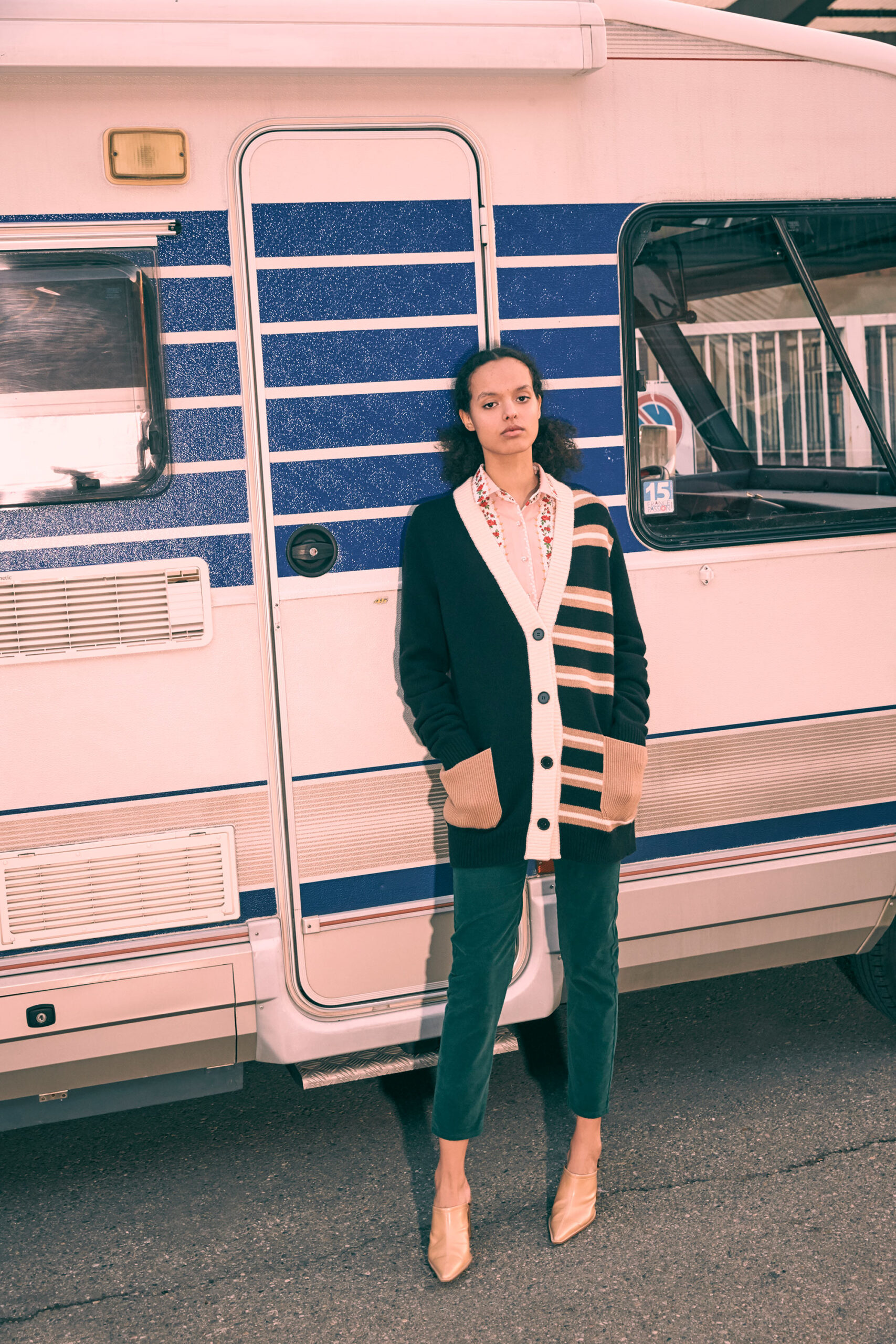 black cardigan with beige stripes