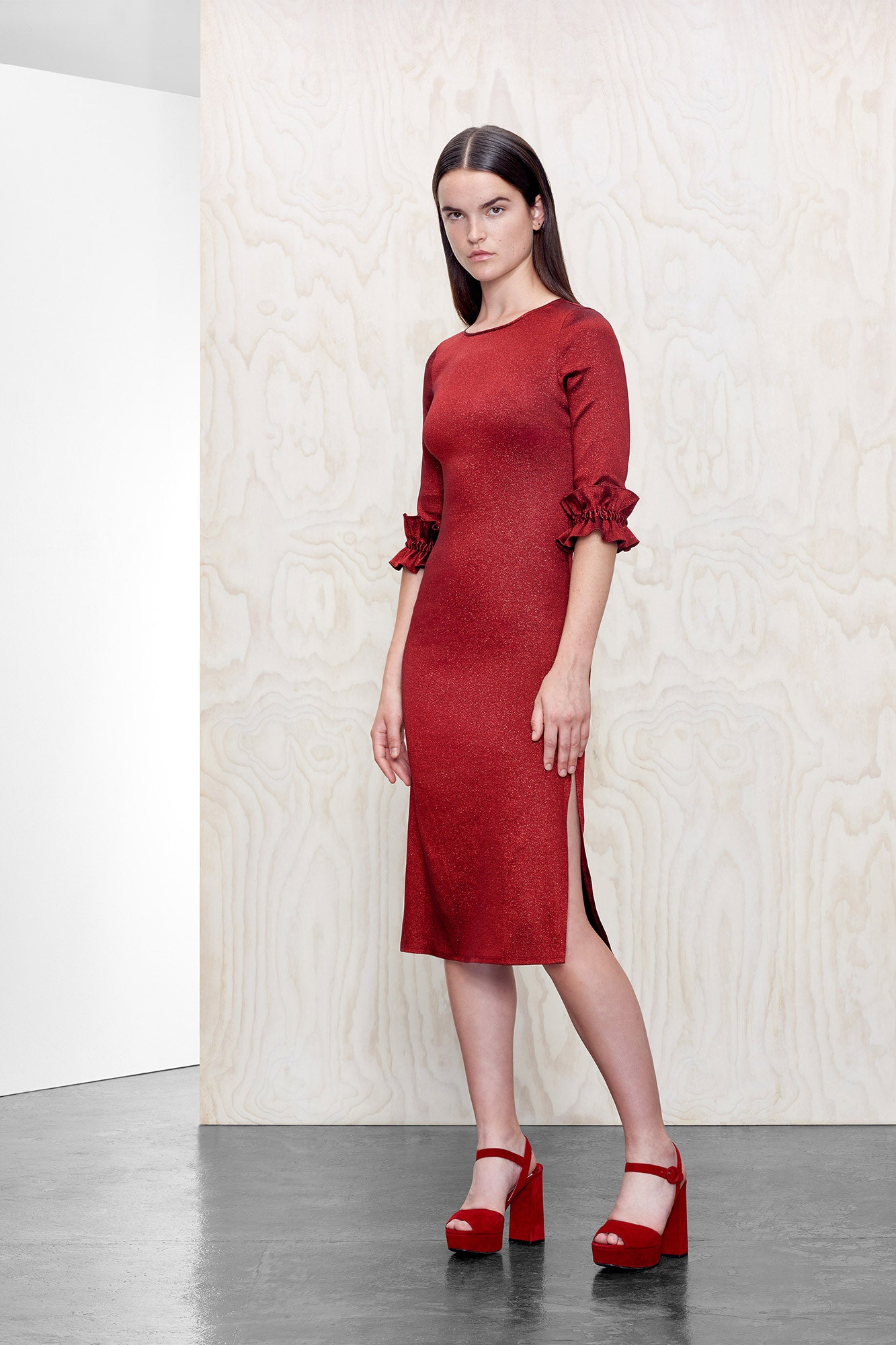 red knit long-sleeve scoop-neck fitted ruffled shiny dress