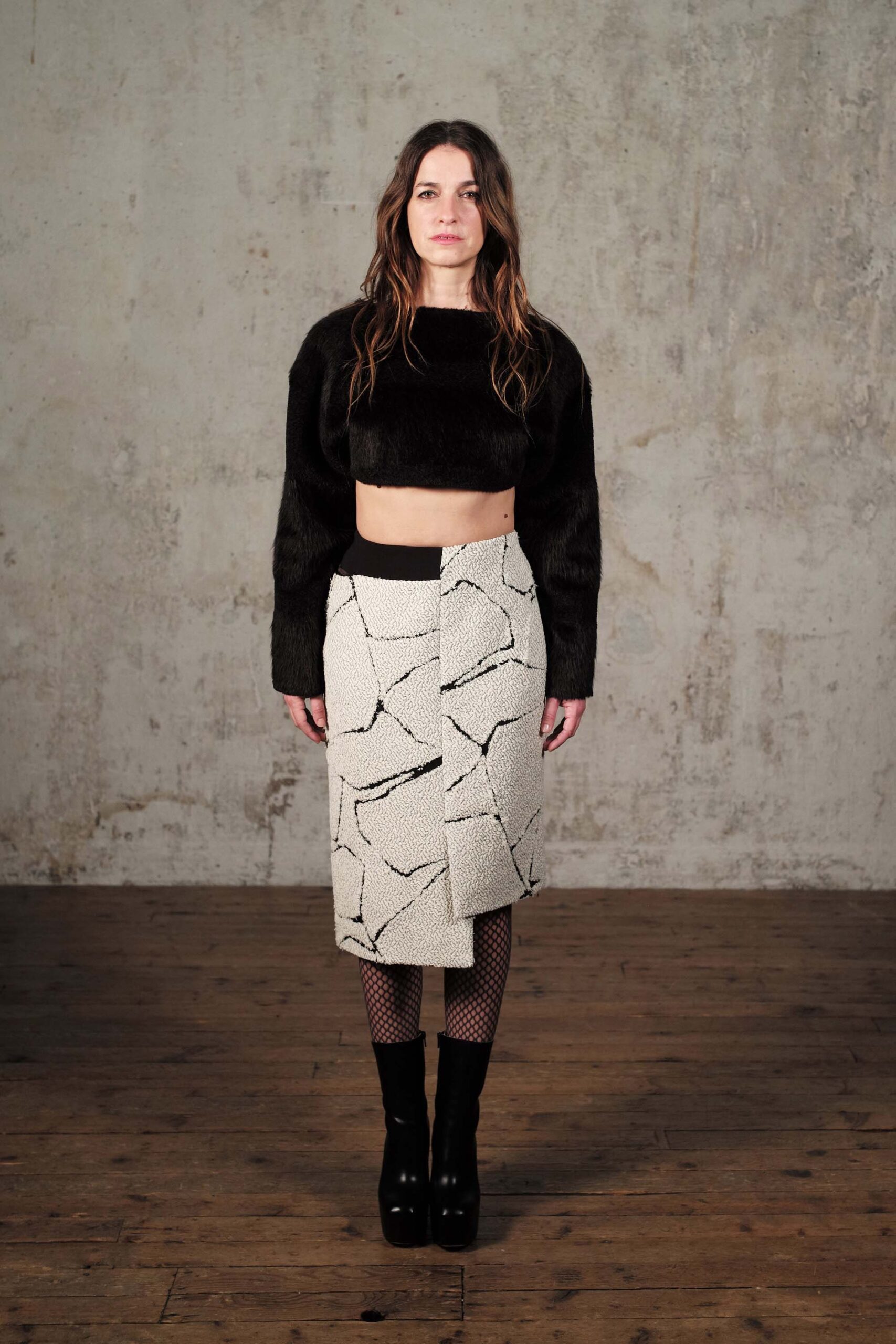 black faux-fur crop-top with midi skirt